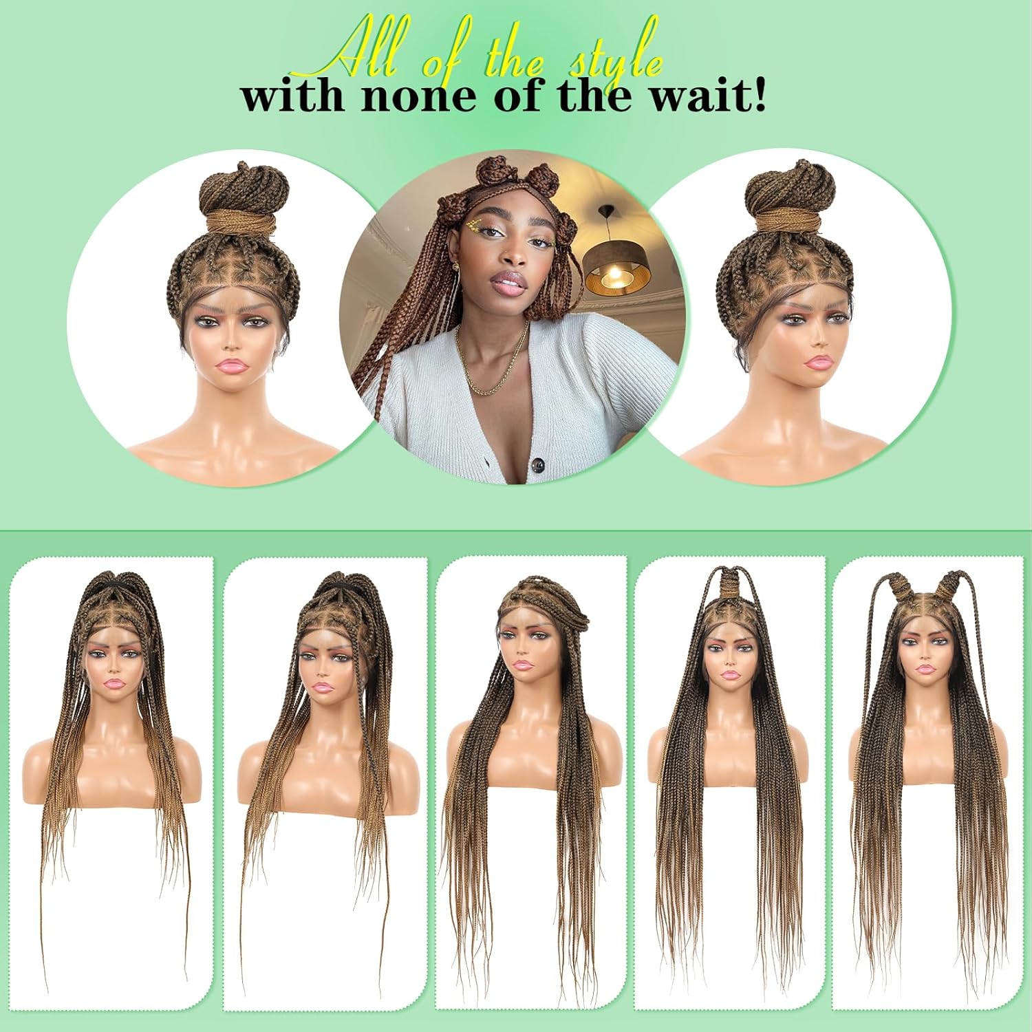 Youthfee 360° HD Full Lace Knotless Braided Wigs for Women Braided Lace Front Wigs with Baby Hair Premium Synthetic Light Brown Natural Looking Box Braid Wig 36 Inch