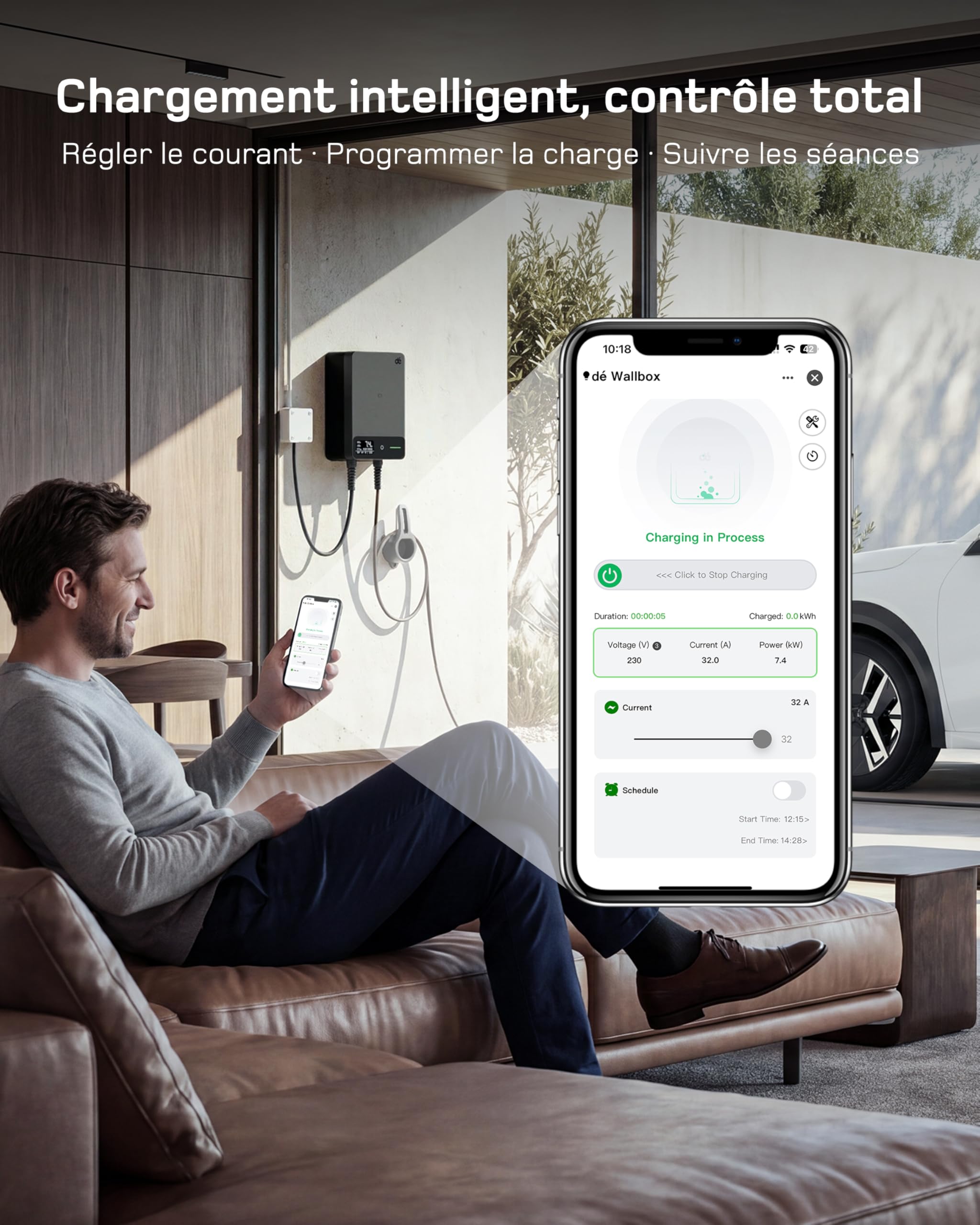 dé Borne de Recharge Véhicules Électrique 7kW avec APP, Câble Type 2 7,5m, RFID, Borne de Recharge 6-32A 230V, Wallbox 7kW avec RCD Type A 30mA AC + 6mA DC, IP54, pour E-208 & Autres BEV/PHEV, Noir