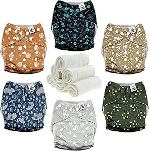 Mama Koala 3.0 Cloth Diapers for Babies with AWJ Lining, 6 Pack with 6 Natural Cloth Diaper Inserts - Reusable and Washable Pocket Diapers (Natural Elements)