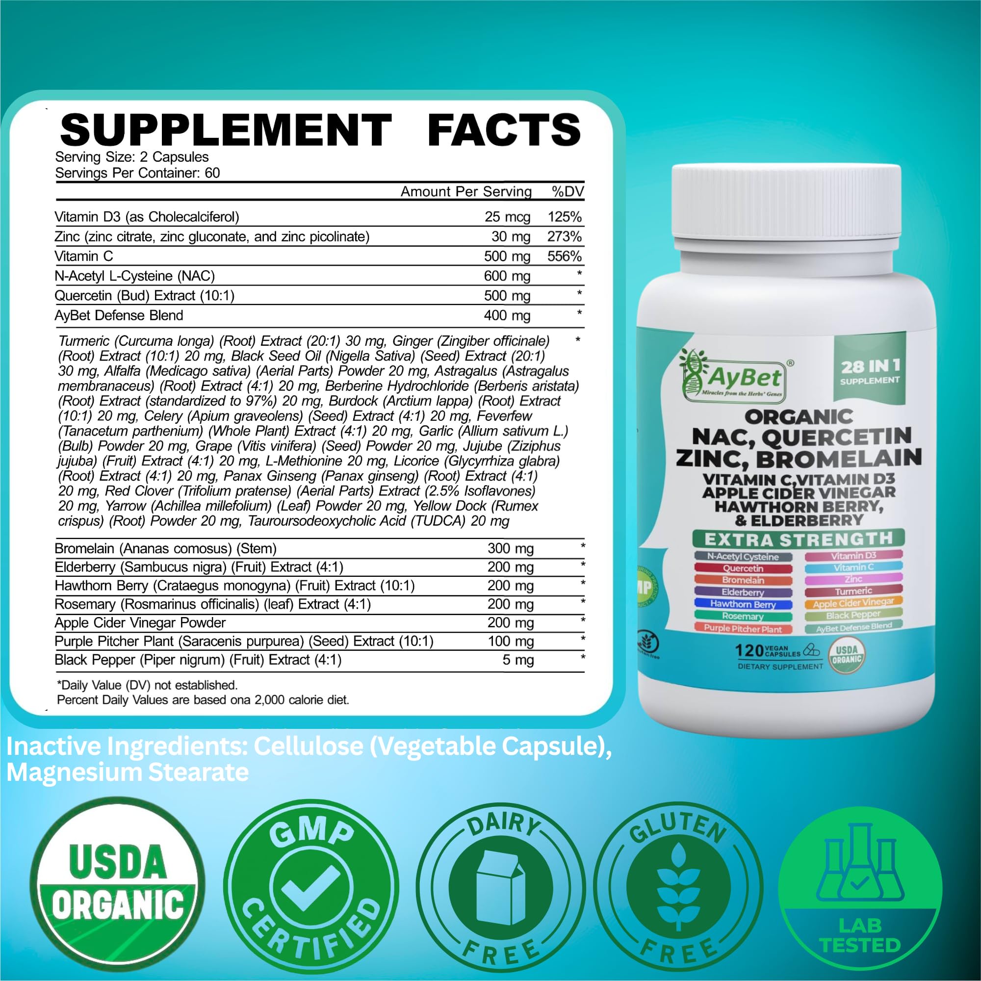 NAC-n-acetyl cysteine- Quercetin Zinc Bromelain Supplement | Extra Strength with Vit C, D3, Apple Cider Vinegar, Elderberry, Hawthorn Berry, Turmeric | Immune Support|120 Vegan Capsules | USDA Organic — Amazon image 6