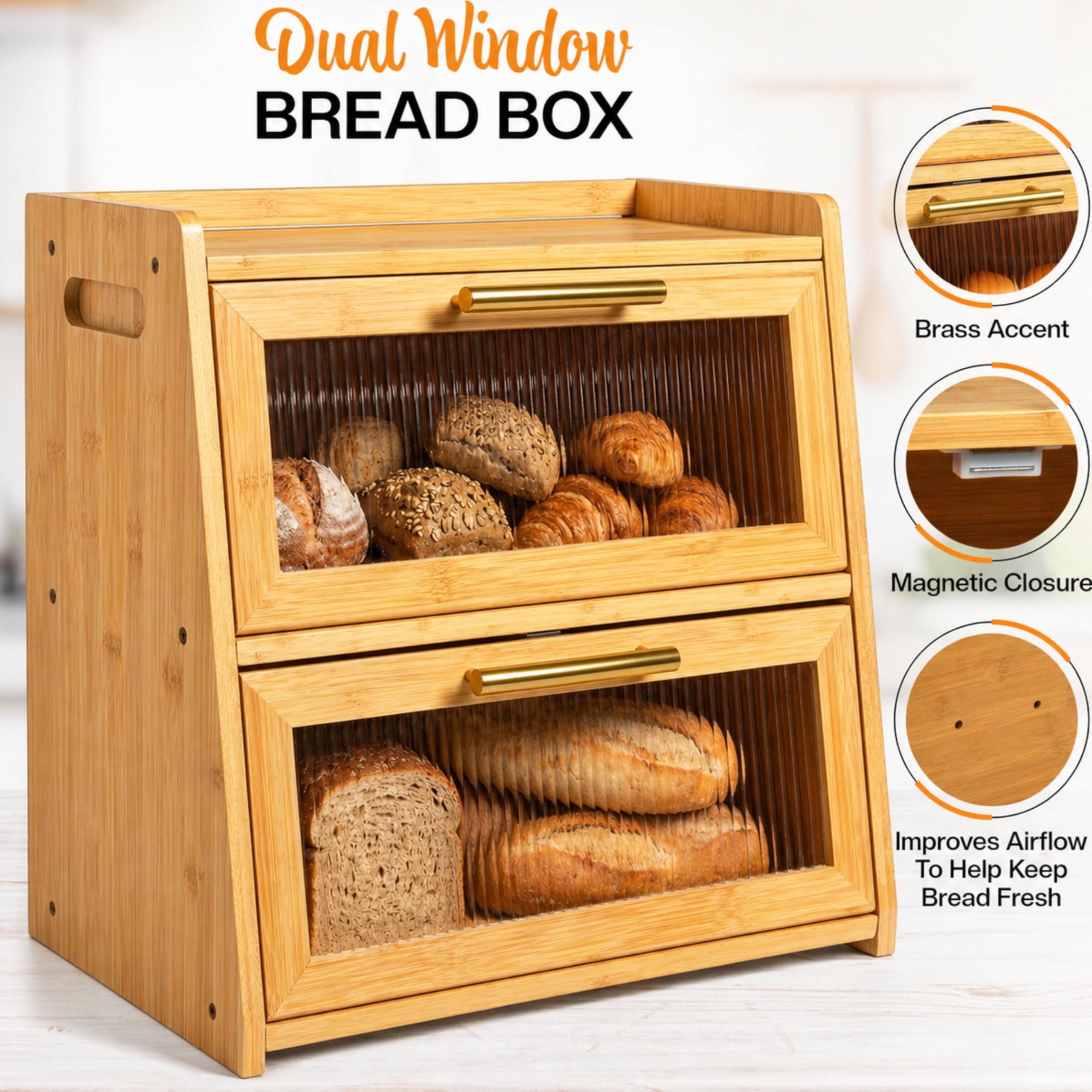 Gennua Kitchen Panera de bambú para encimera de cocina, gran caja de pan de doble capa que proporciona el doble de espacio de almacenamiento de pan, sostiene múltiples panes, duradera y hermosa con