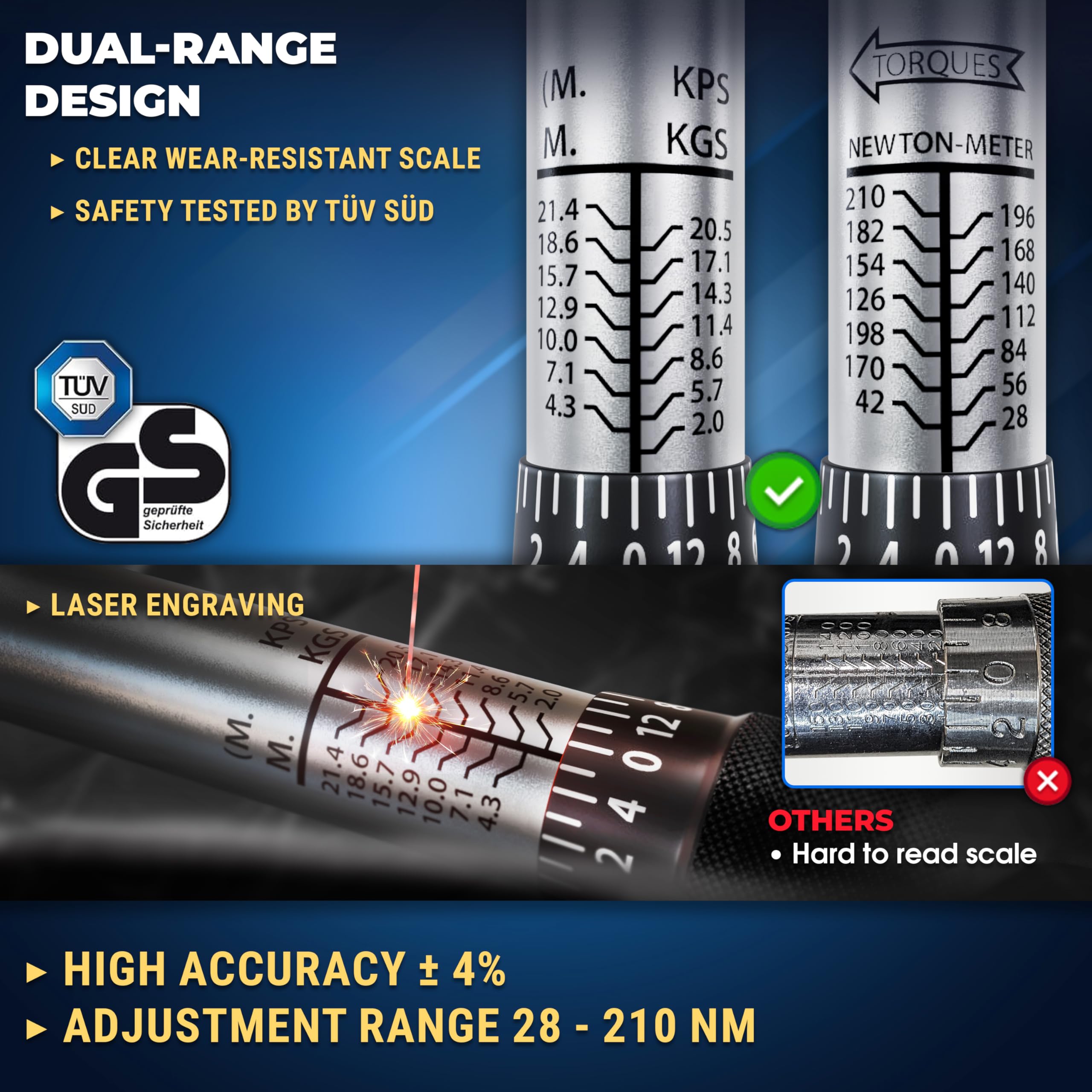 S&R Klucz dynamometryczny 28-210 Nm ZESTAW: 1/2' klucz dynamometryczny 475 mm z 1/2' przedłużką 125 mm i 3 nasadkami 17mm, 19mm, 21mm ; Odporny na uszkodzenia klucz do opon nasadki nakrętki