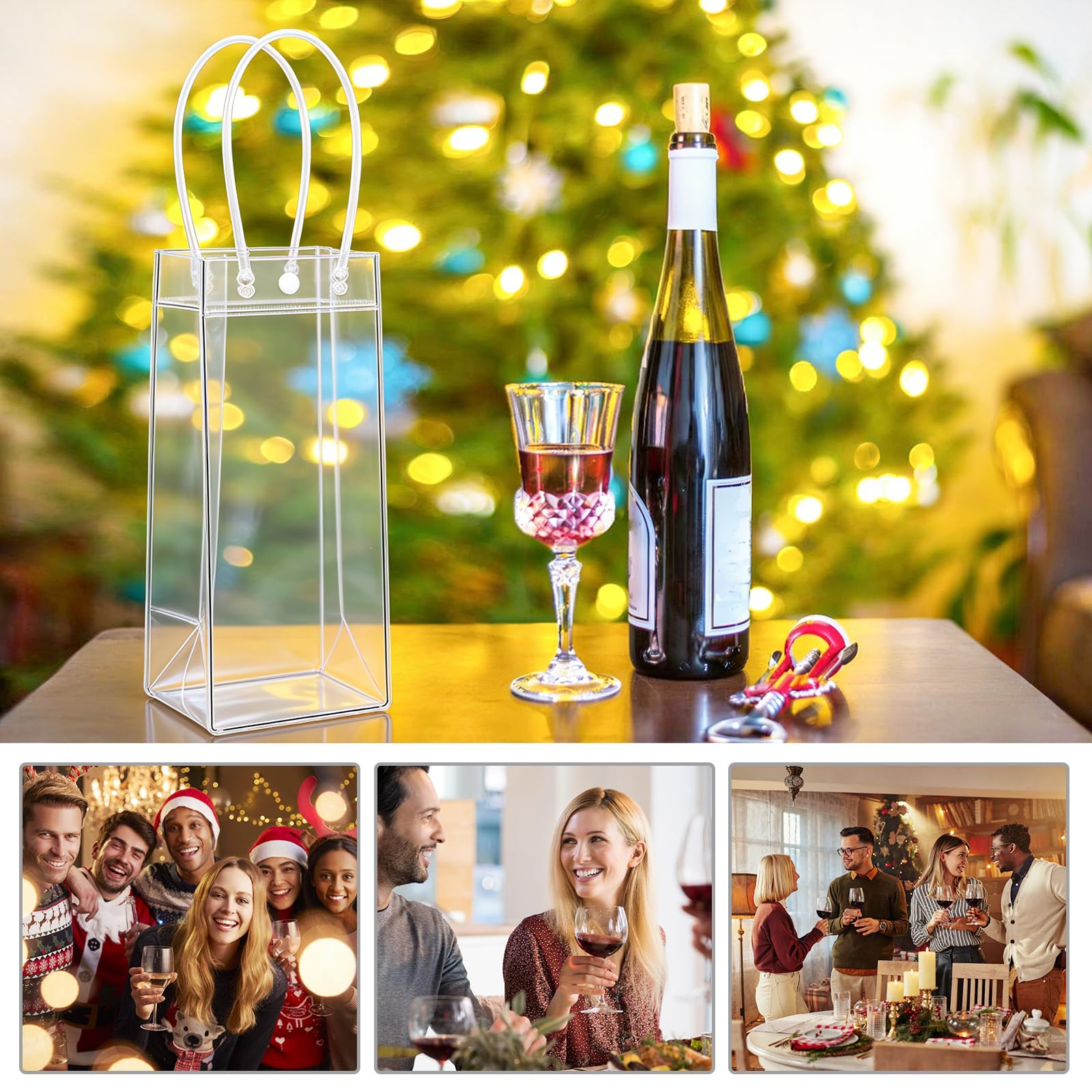Lot de 24 refroidisseurs de bouteilles Ice Bag - 10 x 25 x 10 cm - Transparent - Sac à glace en PVC - Sac à glace anti-fuite avec poignée pour bière froide, vin, boissons, fête, extérieur