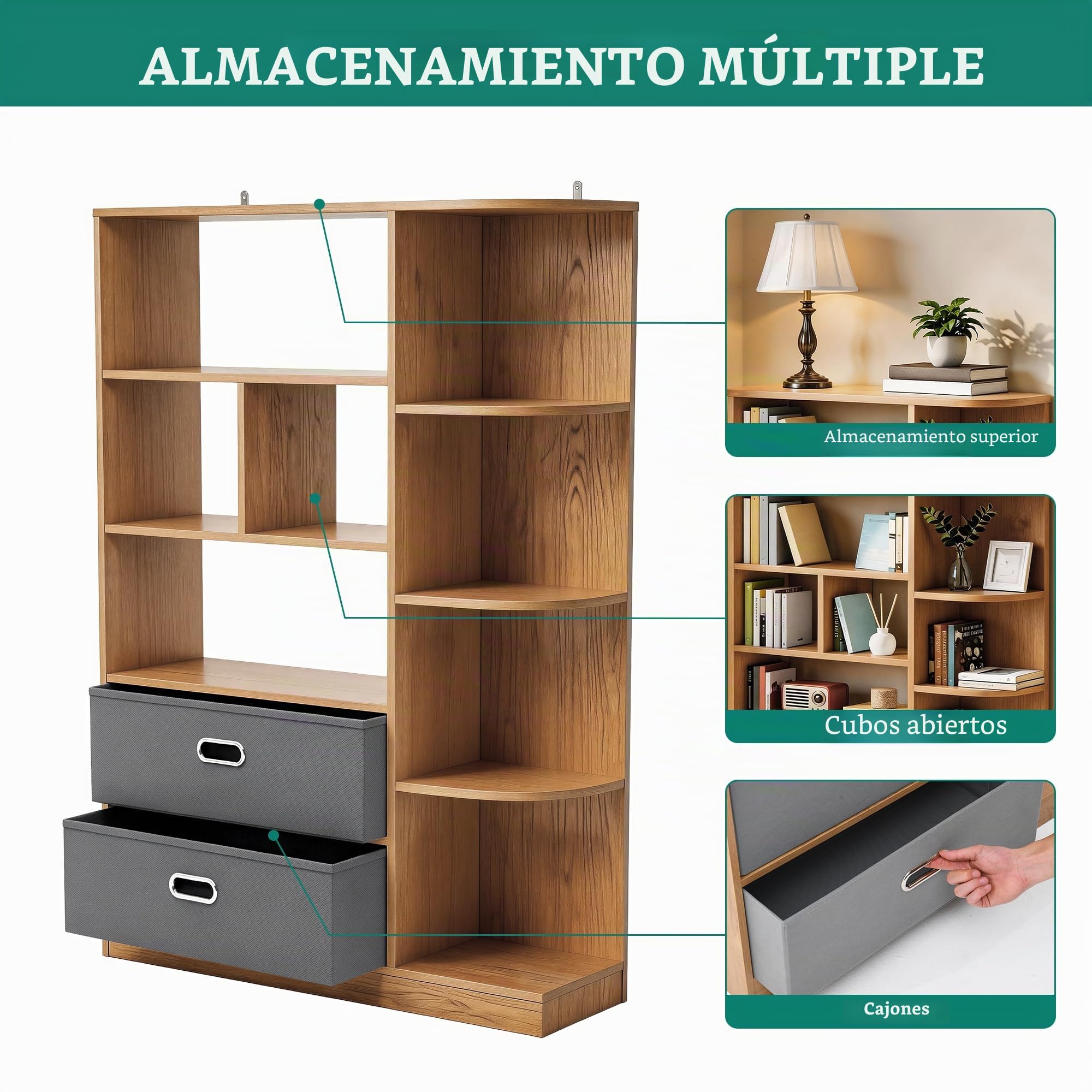 YITAHOME Librería Independiente con 8 estantes Abiertos y 2 cajones (tapizada), para salón, Dormitorio u Oficina, Acabado Roble, 80 cm (Ancho) × 24 cm (Profundidad) × 115 cm (Alto)