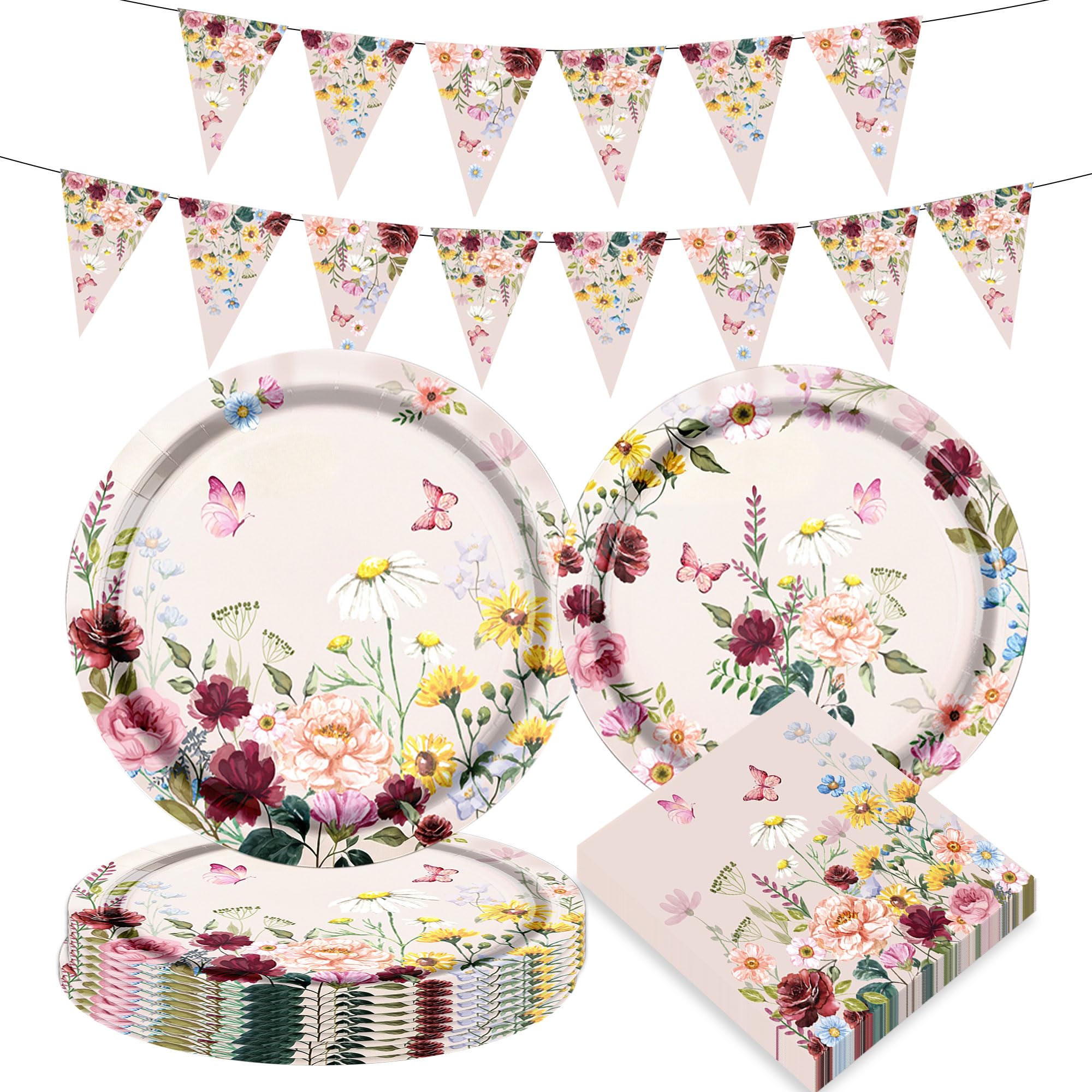Wildflower Party Supplies Floral Paper Plates and Napkins Tea Party Decortation Floral Baby Shower Birthday Wedding Bridal Shower for 16 Guest