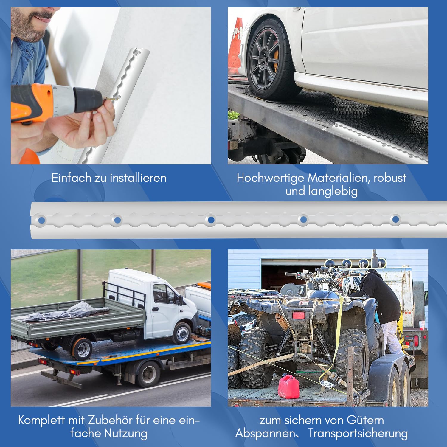 4 x 1 m de rail d'arrimage, forme demi-circulaire en aluminium, rail d'arrimage éloxé avec trous, rail d'arrimage avec 10 œillets et 8 embouts, système de fixation de charge pour camions et