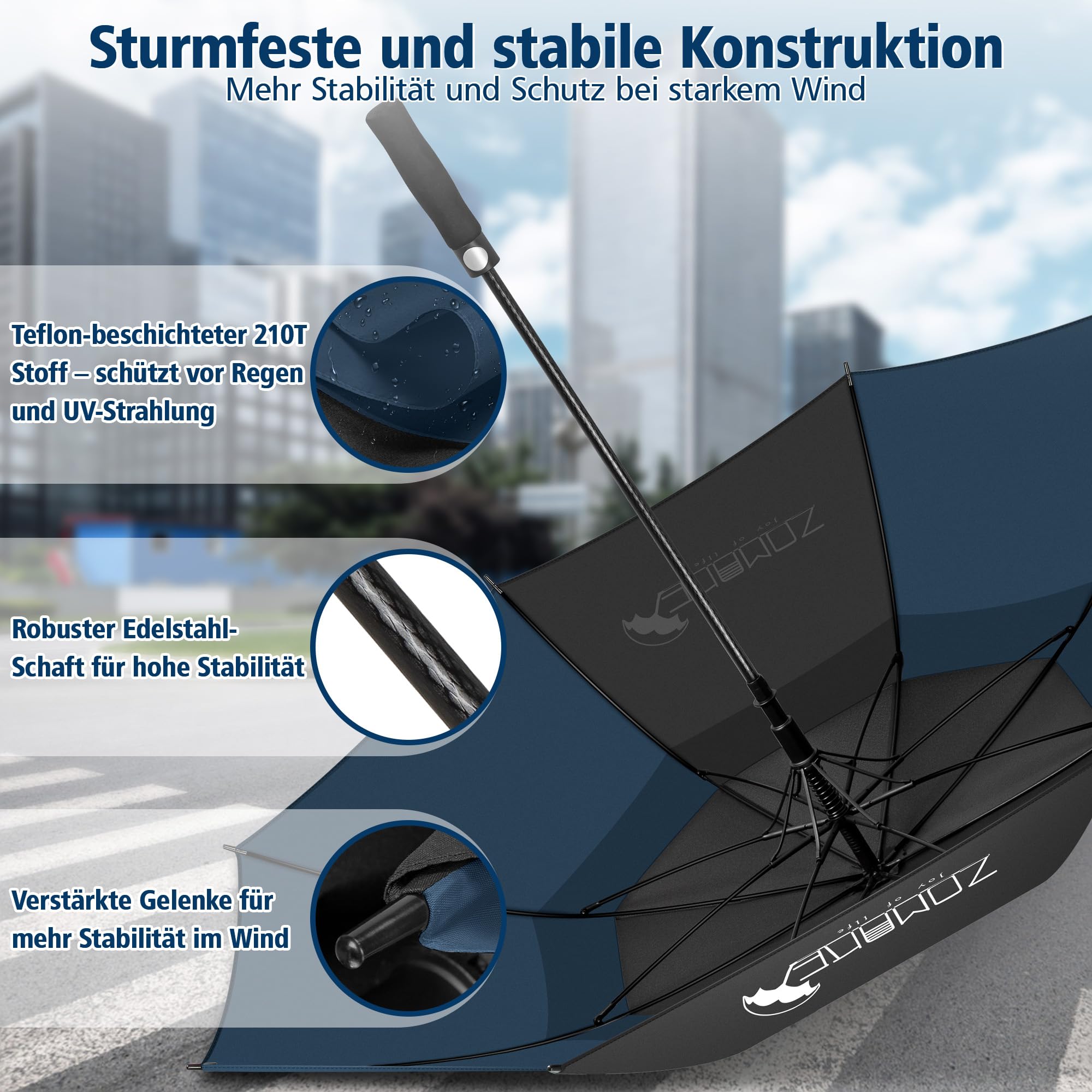 ZOMAKE Regenschirm Groß Sturmfest,XXL/XL Großer Golf Umbrella Sturmfest Automatik,Schirm Windfest Schwarz für 2 Personen,Golfschirm Stabil für Herren Damen Familie