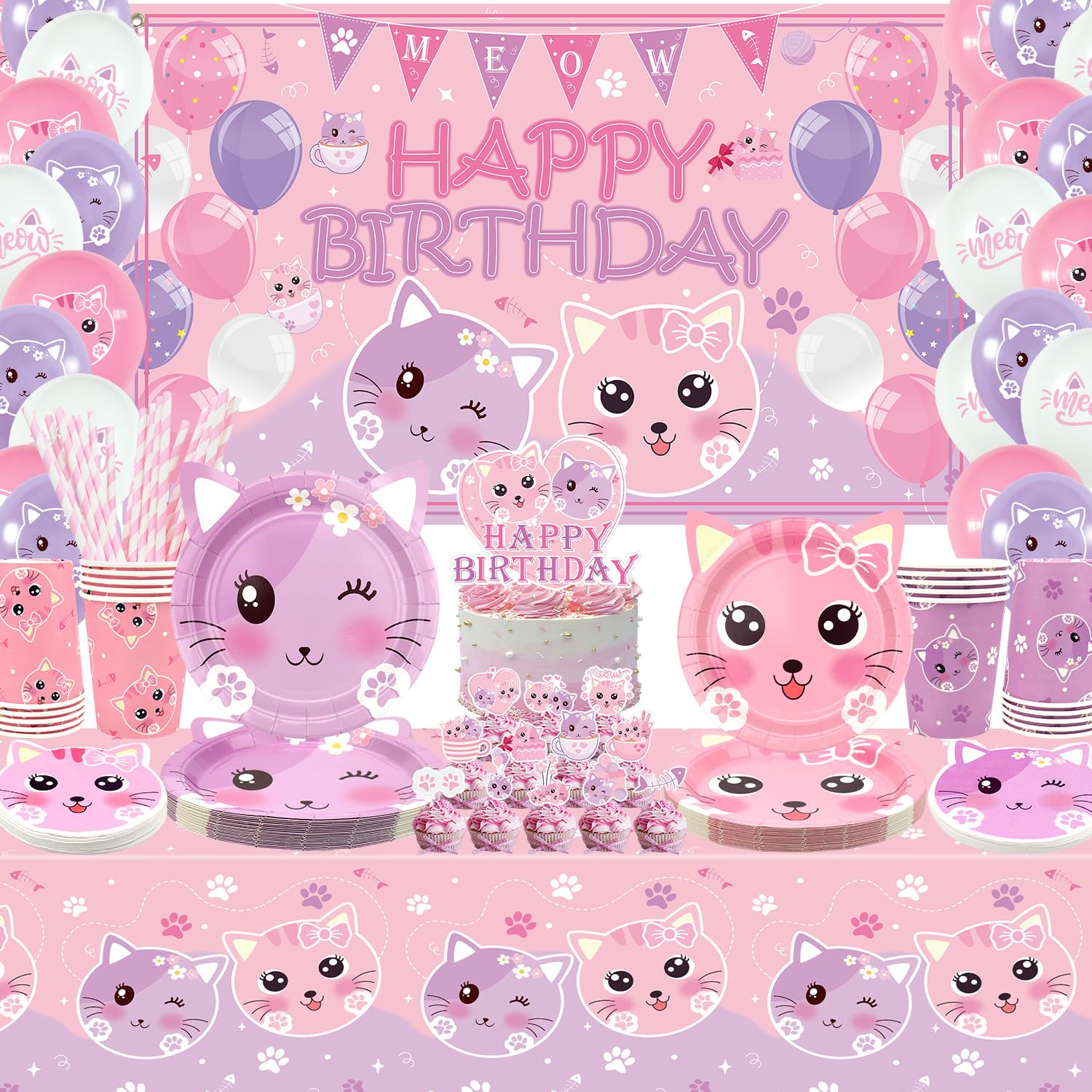 Cat Birthday Party Supplies Set, Kitten Tableware Includes Happy Birthday Backdrop, Plates, Tablecloth, Cups and Straws for Kids Cat Party Decorations, Serves 20 Guest