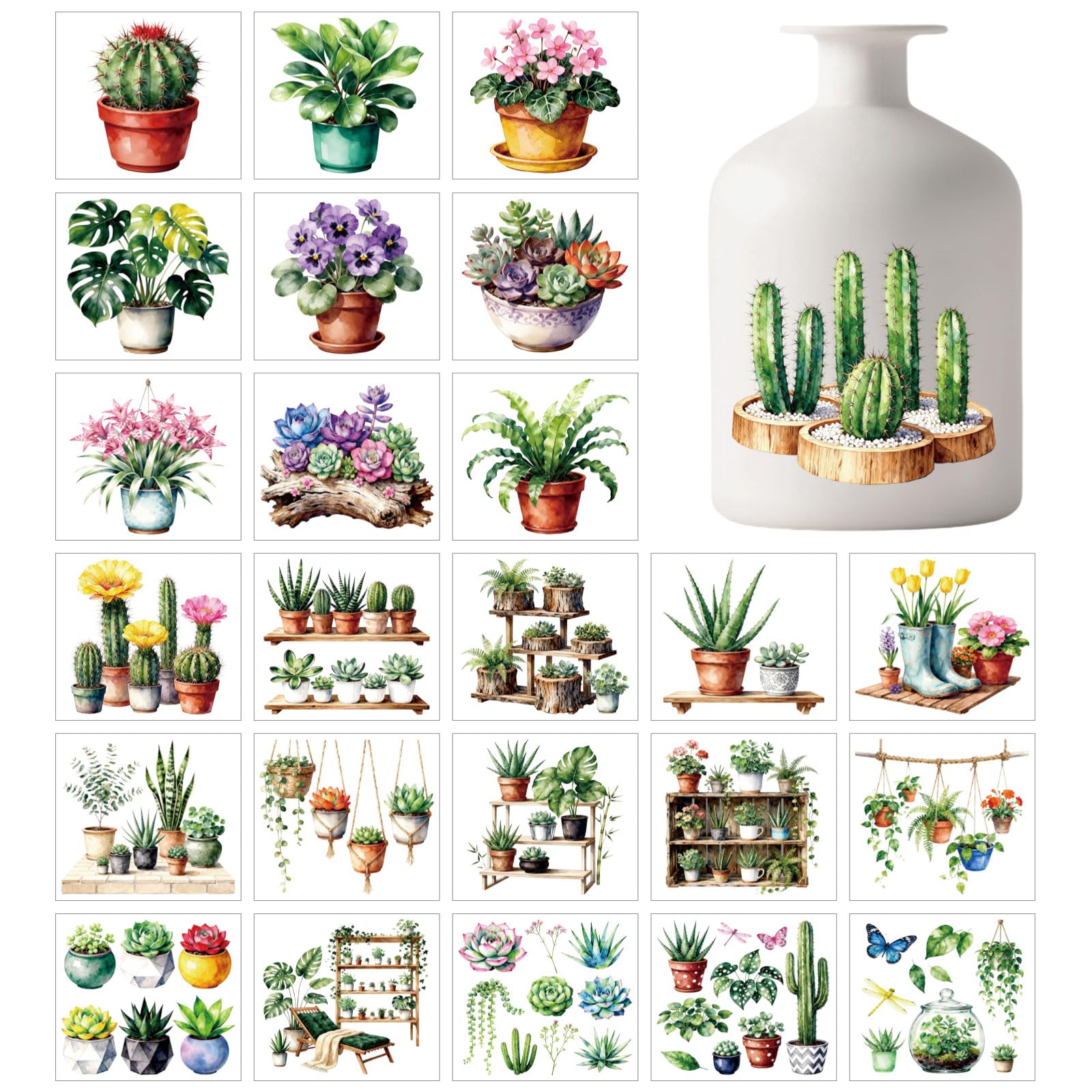 GLOBLELAND 25 Sheets Potted Plant Cactus Lantern Stickers for Jar Succulent Flower Sticker Decals Floral Plants Adhesive Lantern Stickers Decals for Crafting Vase Windows Door Office