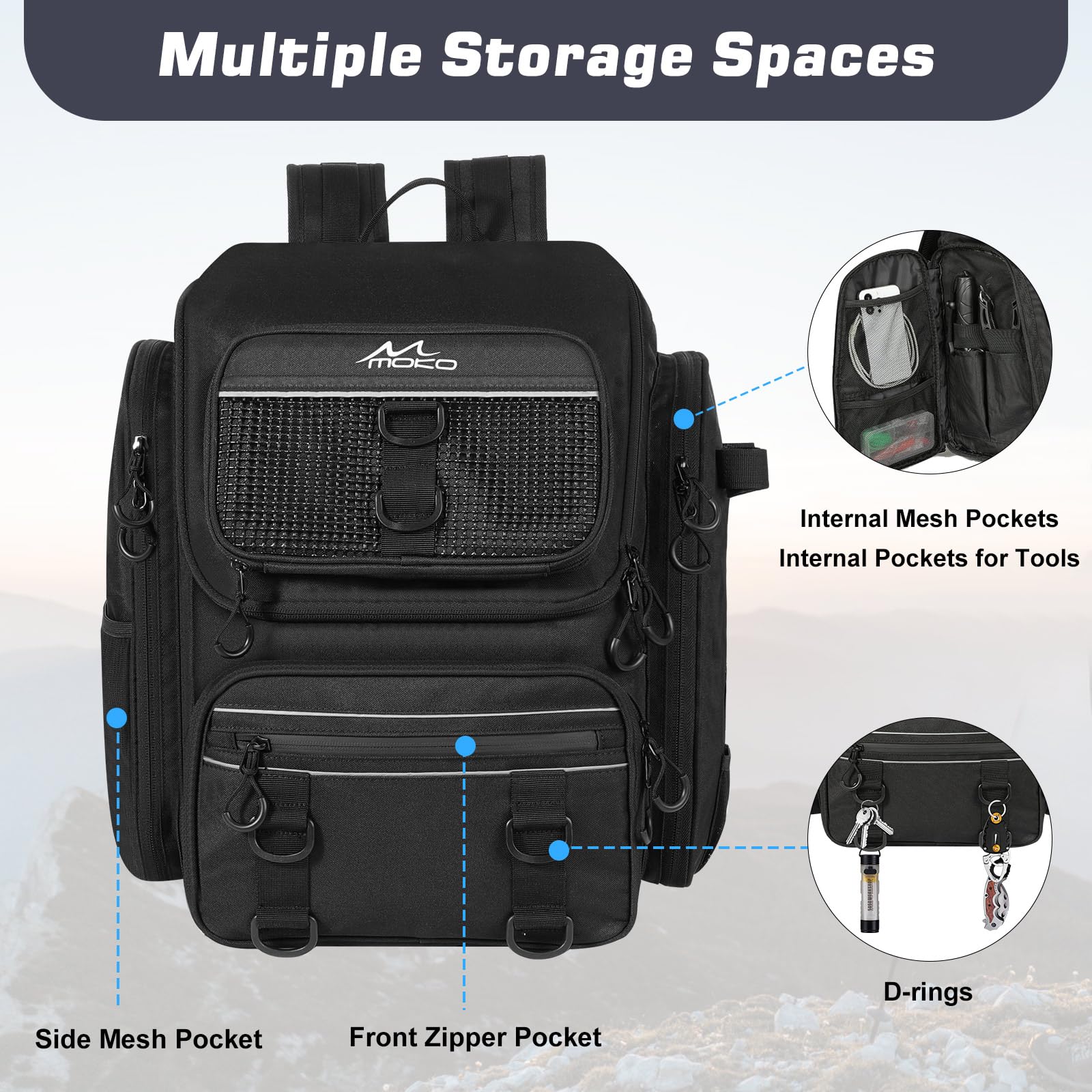 MoKo Mochila de Pesca, Mochila Grande 40L con portacañas y Carpeta de Cebo para Guardar el Equipo de Pesca y el Equipo de Senderismo y Camping, Regalos para Hombres y Padres, Negro