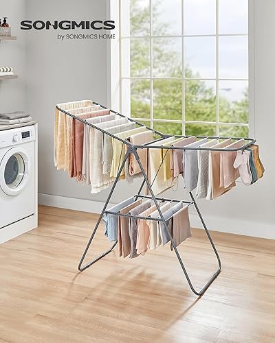 Miniatura 2 de SONGMICS Rejilla de secado de ropa, con clips para calcetines, estante de lavandería de metal, plegable, ahorra espacio, aireador independiente, con