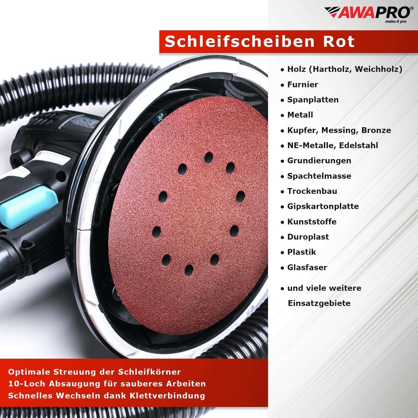 Schleifscheiben 225mm - 100 Stück - P180 Körnung, Effizientes Schleifen - Klett, 10 Loch - Vielseitig für Holz, Metall, Trockenbau - Schleifpapier Set