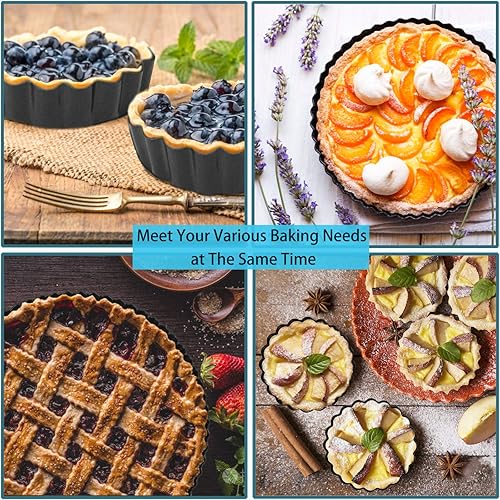 Miniatura 7 de Juego de 10 mini sartenes para tartas con fondo extraíble de 4 pulgadas, antiadherente, redonda, acero al carbono resistente para pasteles de