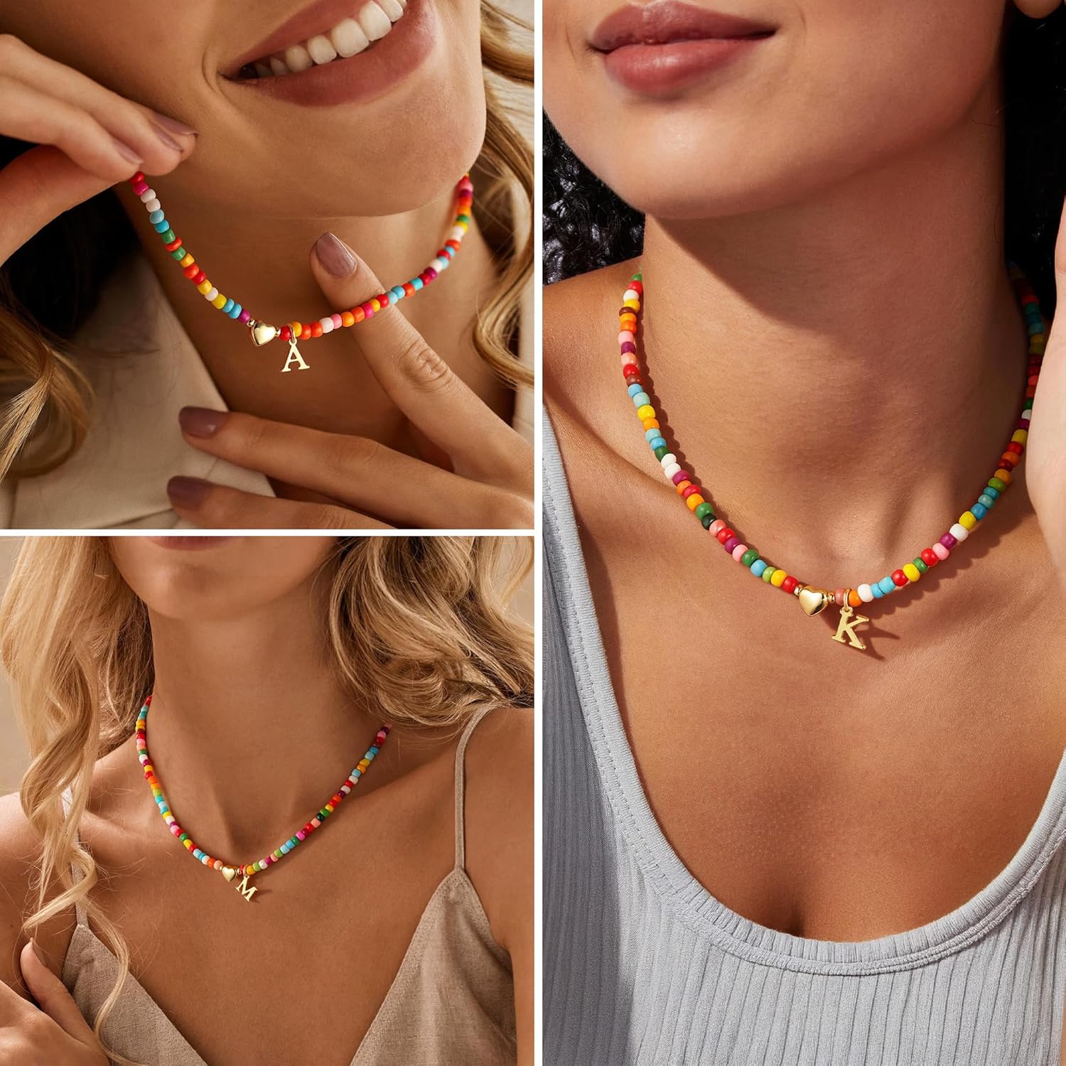 M MOOHAM Initial Necklaces for Women Girls - Colorful Beaded Initial Necklace for Women 14K Gold Plated Heart Initial Choker Necklaces for Girls Jewelry, Letter A-Z Pendant Birthday Gifts - Image 4