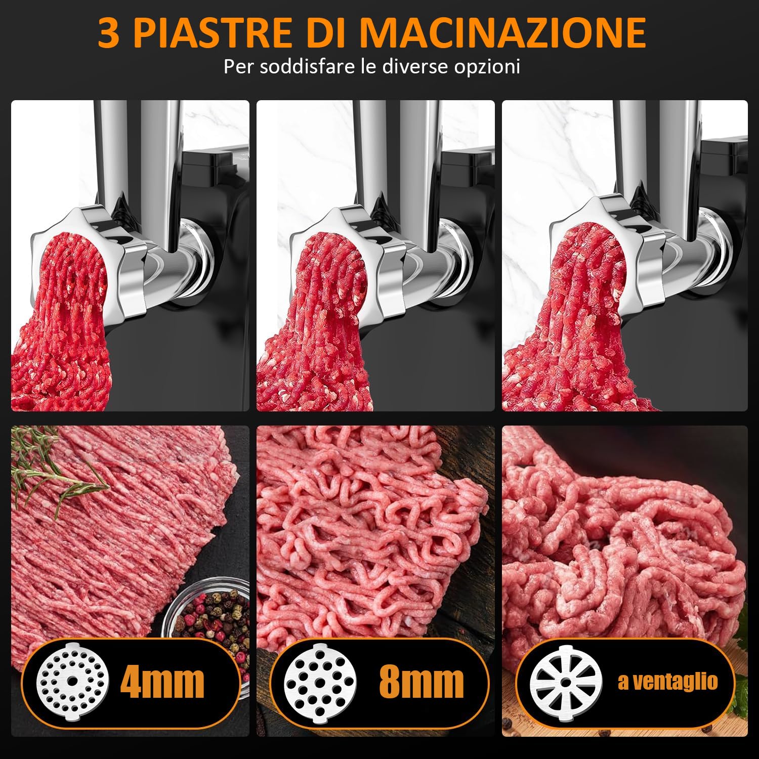 STANEW 3500 W tritacarne elettrico, 3 in 1, con 3 piastre in acciaio inox, Kubbe e 3 tubi per farcire per salsicce, capacità 3,5 kg/min,3 lame, Propower motore in rame