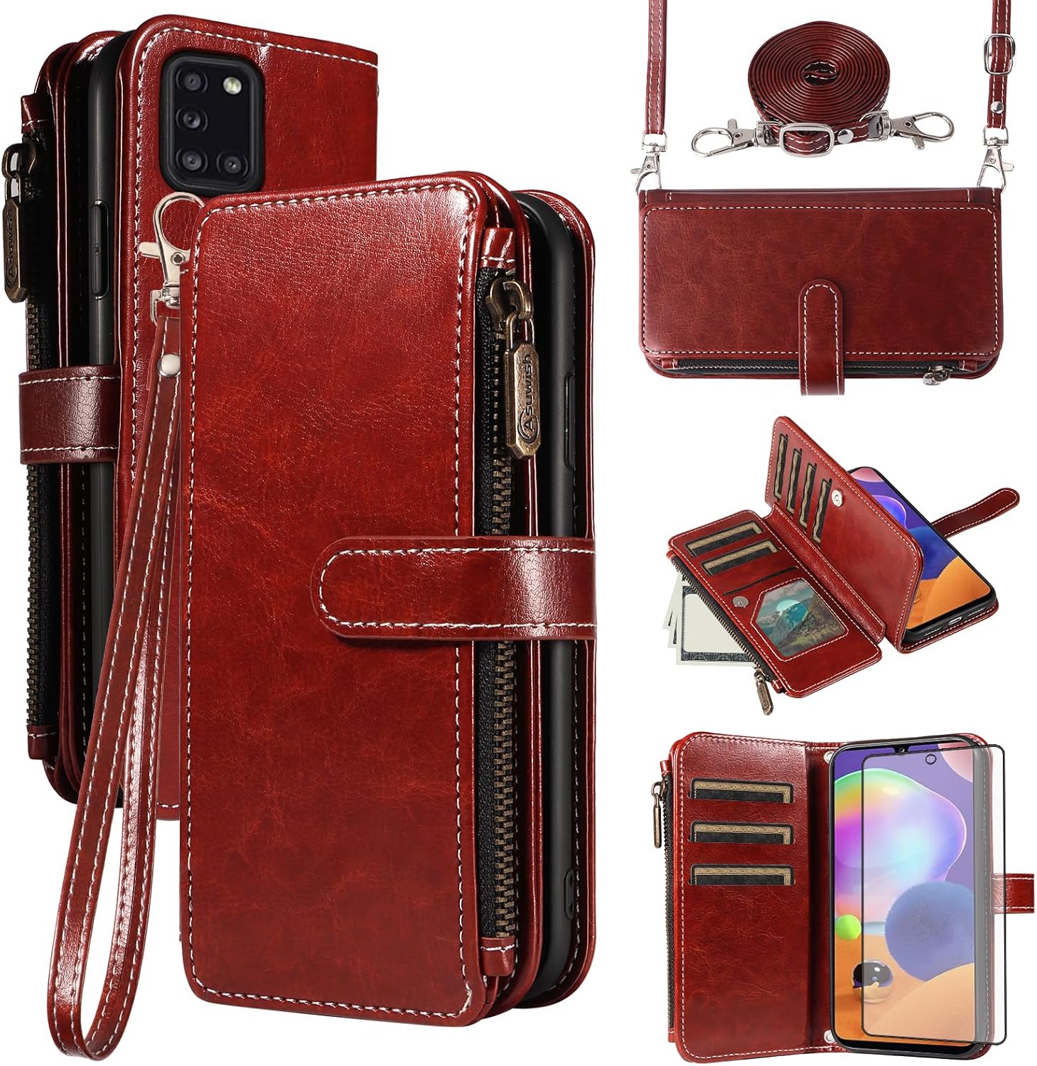 Asuwish Phone Case for Samsung Galaxy A31 Cover with Tempered Glass Screen Protector and Lanyard Zipper Wallet Card Holder Slot Stand Mobile Flip Cell Accessories A 31 4G 31A A315G Women Men Blue