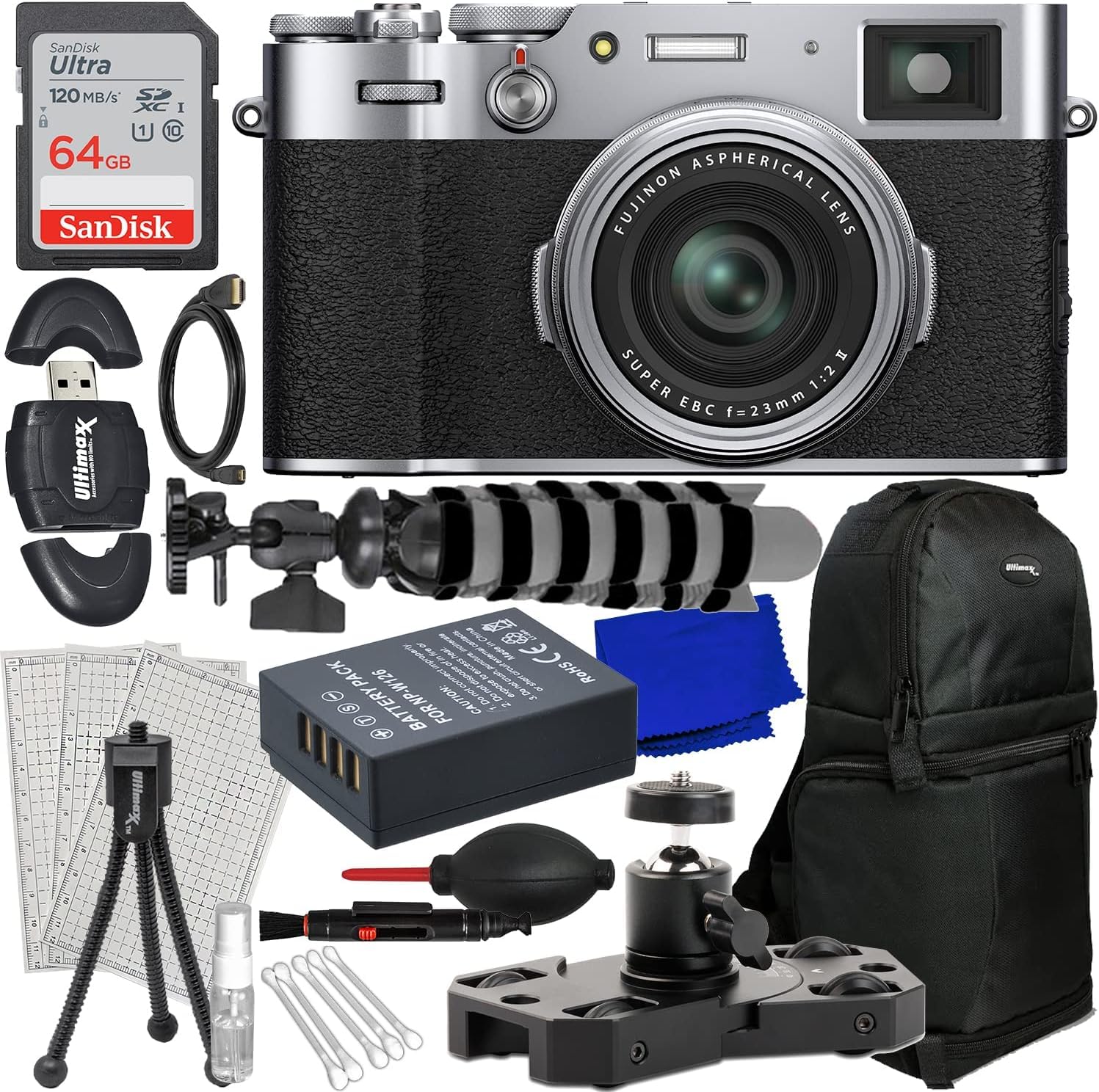 SSE Advanced FUJIFILM X100VI Digital Camera (Silver) Bundle includes: 64GB SDXC Memory Card, Replacement Battery, Mini Metal Dolly, Sling Backpack, 8" Gripster & Much More (12pc Bundle)