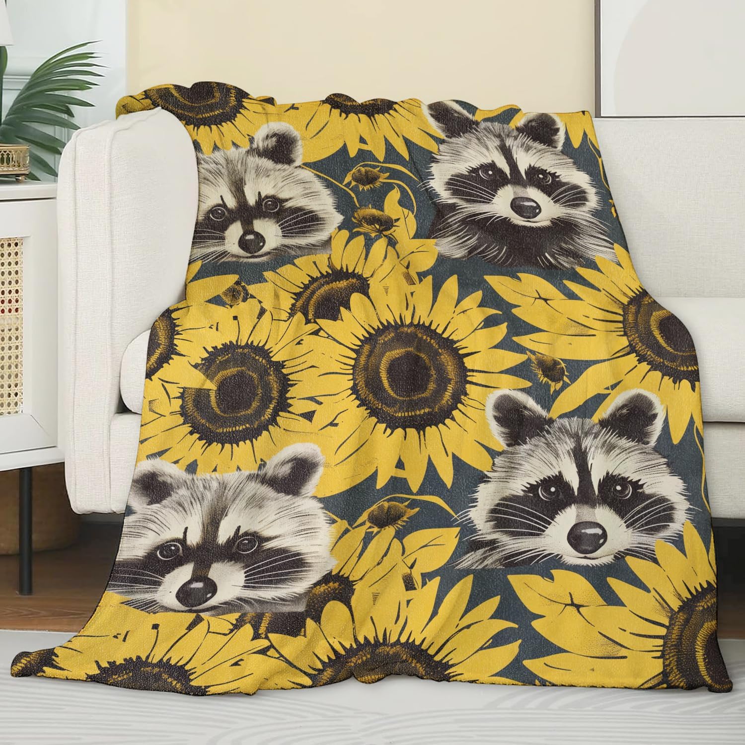 Raccoon Sunflower Blanket,Gifts for Wildlife and Flower Lovers,Lightweight Flannel Throw Blankets,Retro Animal and Floral Throws Home Decor,for Couch Living Room Office,60x50inch - Image 3