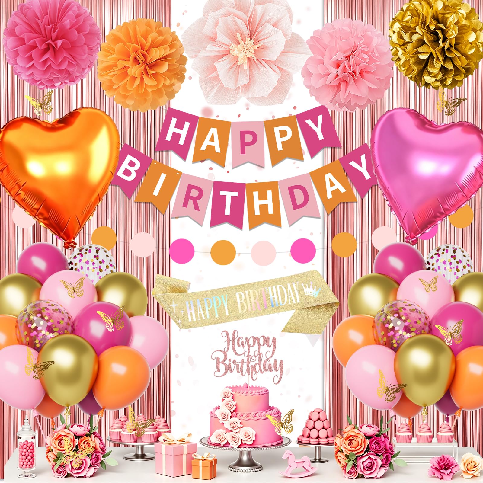 Pink and Orange Party Decorations, Birthday Decorations for Women Girls, Hot Pink Gold Orange Latex Balloons with Happy Birthday Banner, Foil Fringe Curtain, Pompom, Sash, Girls Summer Party Supplies