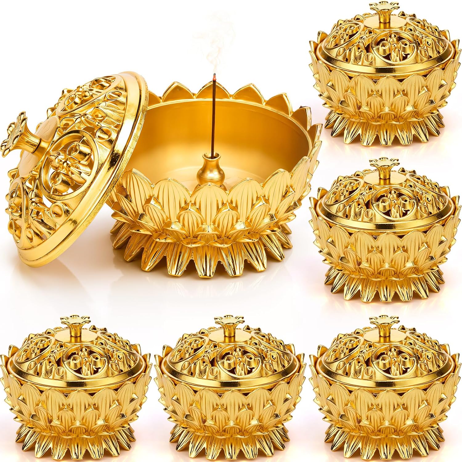 6 Pcs Indian Return Gift for Pooja Dhoop Burner, Lotus, Gold