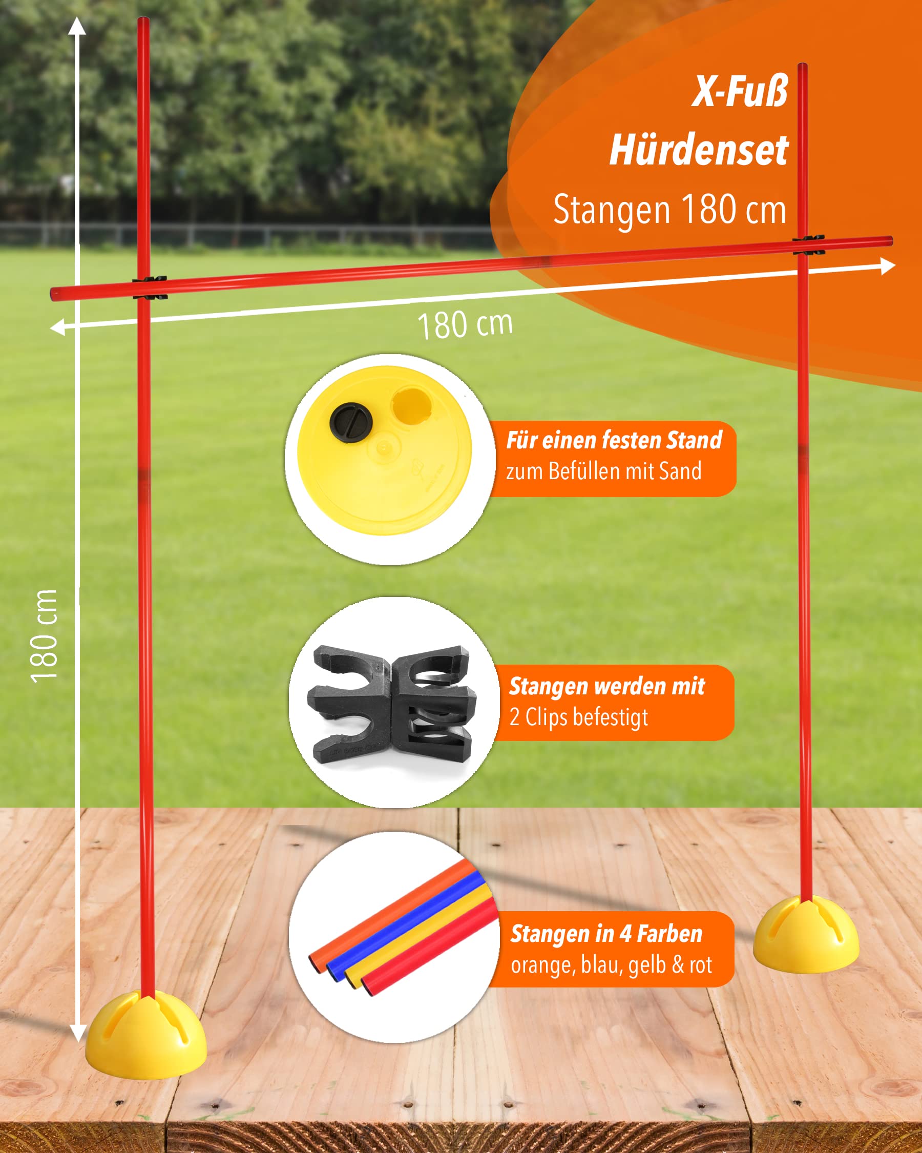 Kombi-X-Standfuß-Hürdenset – Stangen 180 cm – Training der Sprungkraft & Koordination – befüllbarer X-Standfuß – Agility-Hürde für Fußball, Leichtathletik & Hundesport
