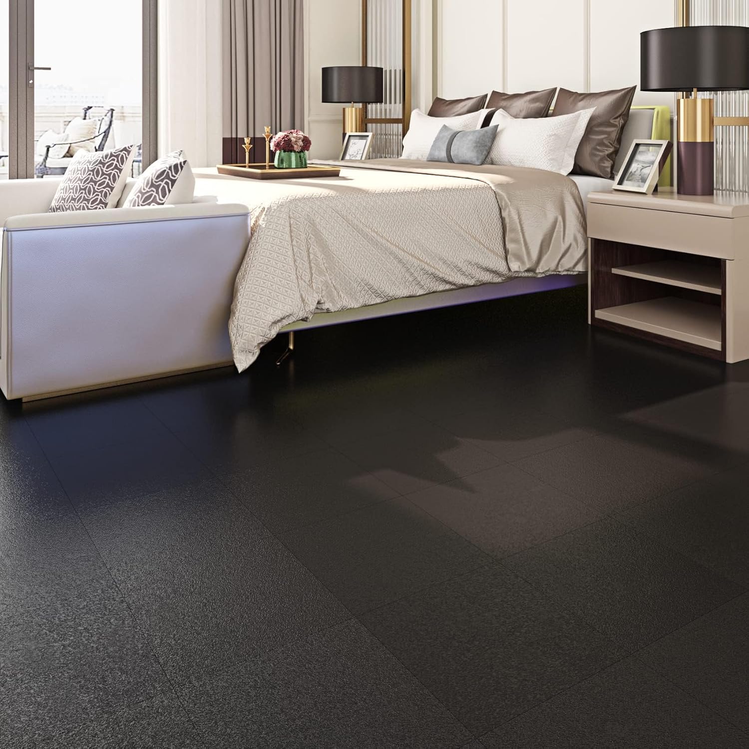 Livelynine Solid Black Vinyl Flooring 16-Pack 12x12 Inch Bathroom Peel and Stick Floor Tile Waterproof Kitchen Floor Tiles Rubber Sticky Tiles for Floor Garage Rv Flooring Linoleum Sheet Groutable