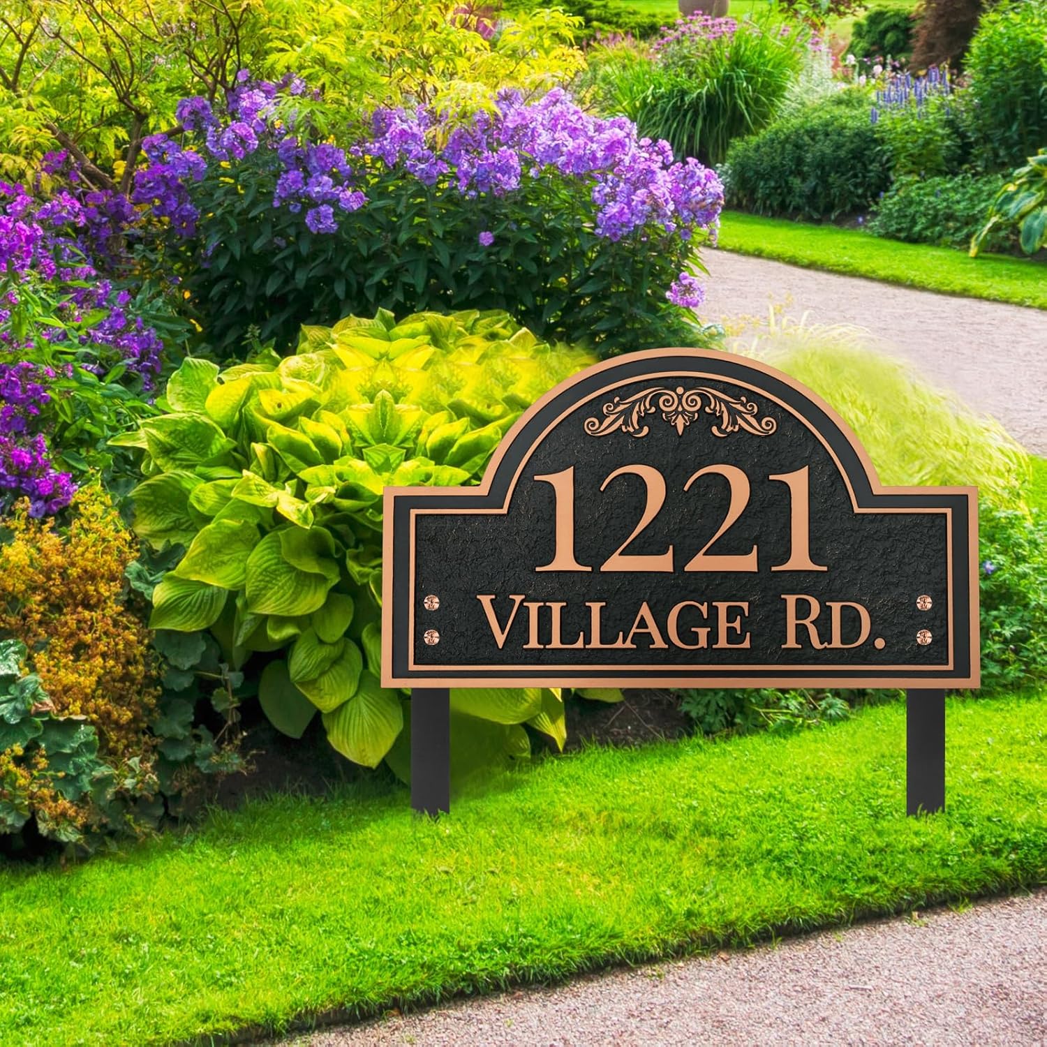 Address Plaques for House - LAWN MOUNTED,Engraved Metal with 2 Stakes Customized House Numbers Sign for Outside Store,Yard,Garage,Apartment, Arch Style(Black/Rose Gold)