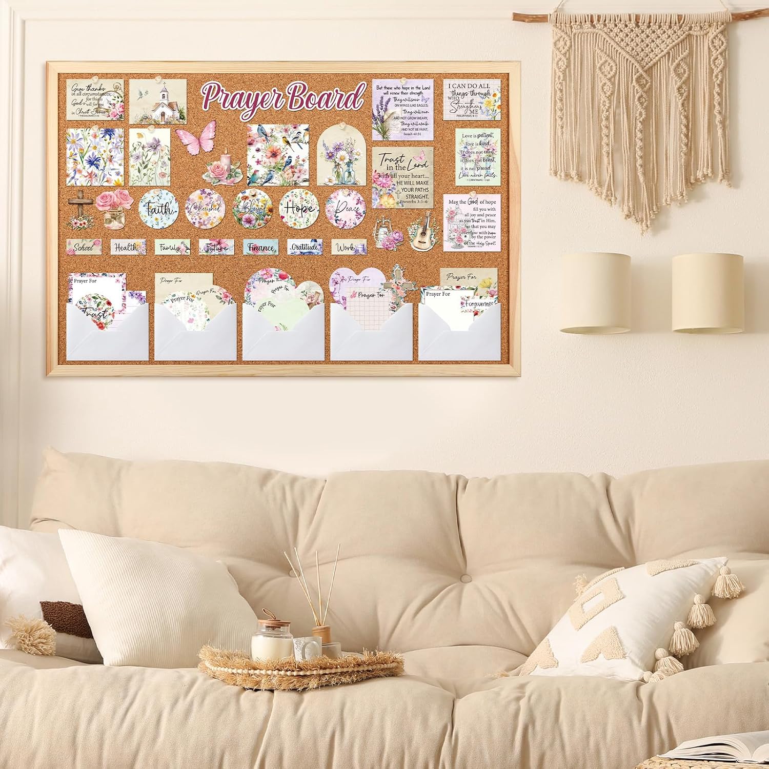 Flower Prayer Board Supplies - 114 Pcs Prayer Board Kit with Pins Envelope Bible Verse Quotes Cards, Colorful Floral Vision Boards Decorations, Bible Study Supplies (Not Including Board)