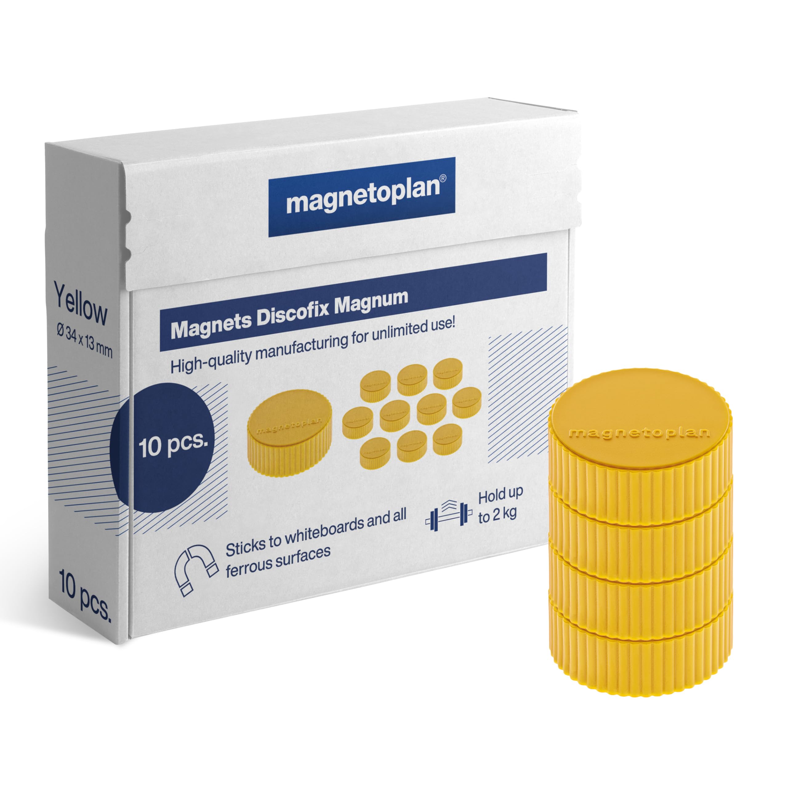 magnetoplan Premium Magnete Discofix magnum | ØxH 34x13mm | 10 Stück, gelb | Haftkraft: 2 kg | Magnete für Magnettafeln und Whiteboards | Kratzfreie Spezialbeschichtung | Leicht abnehmbar