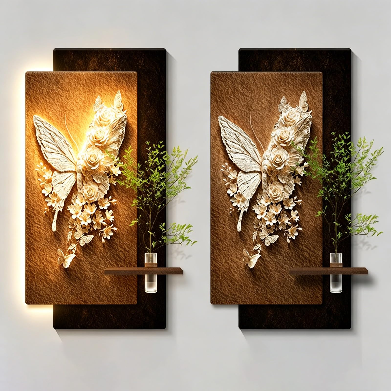 ZCQMSCWW 3D Sandstone Wall Art with LED Lights, Plug-in Power With Artificial Greenery, Modern Hydroponic Hanging for Hallway, Living Room, Bedroom(B,180 * 90cm/70.8 * 35.4in)