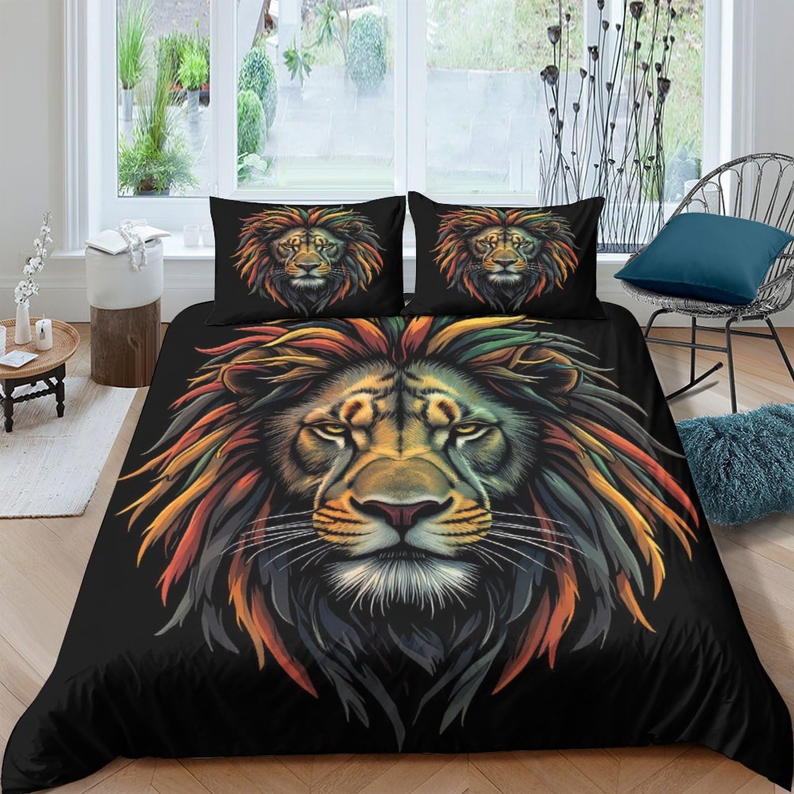 3D Printed Lion Mane Duvet Cover Microfiber Soft Breathable Jungle Animal Bedding Set with 2 Pillowcases for Bedroom Decor, Single（135x200cm）