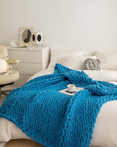 Miniatura 2 de Manta de punto grueso, manta de punto grueso con hilo de chenilla, suave, hecha a mano, cálida, gruesa, para sofá, cama y viajes (azul brillante, 50
