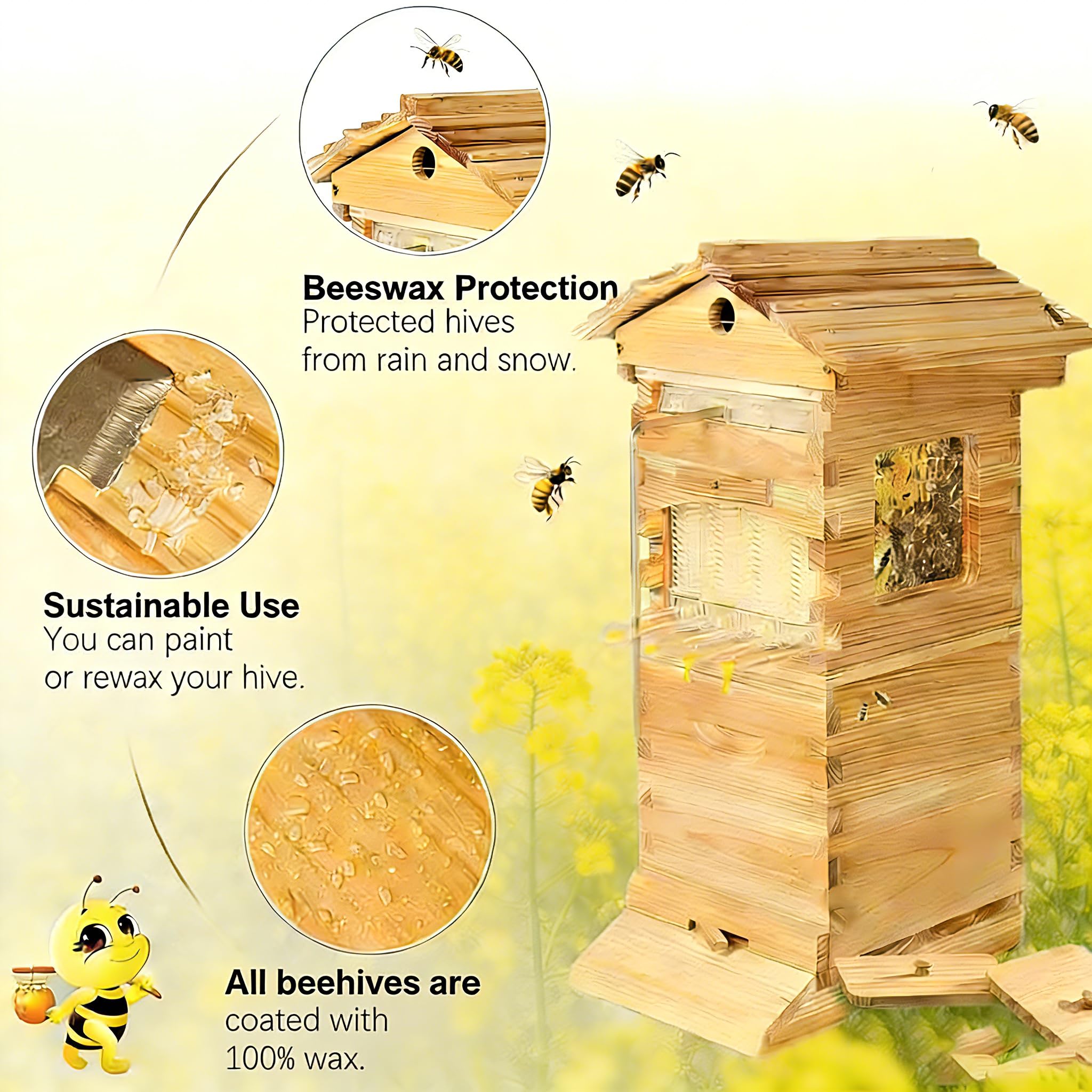 Bienenstock-Starterset,Selbstfließender Honigstock Mit Sichtfenster Und Honigdüse,Kompletter Hölzerner Bienenstock Mit 4 Bienenrahmen Und 6 Honigwaben.