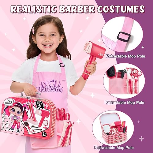 Miniatura 5 de Juguetes de peluquería para niñas y niños, juego de 25 piezas de peluquería con secador de pelo, alisador, caja de almacenamiento, herramientas de