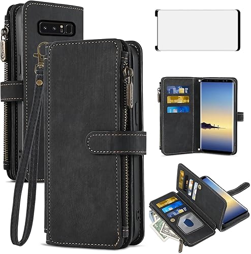 Asuwish Funda de teléfono para Samsung Galaxy Note 8, funda tipo cartera y protector de pantalla de vidrio templado, soporte para tarjetas de