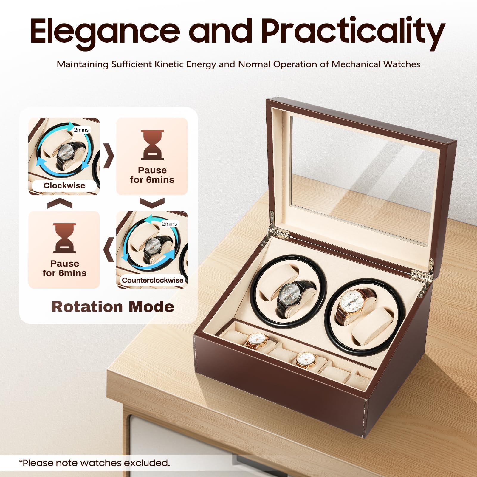 Automatische Uhrenbeweger Box, 4+6 Uhrenbox Leise Uhrendreher Automatikuhren Watch Winder Box mit Klare Fenster und Kissen, Drehen Mute Uhrenbeweger Display-Boxen PU-Leder (Braun)