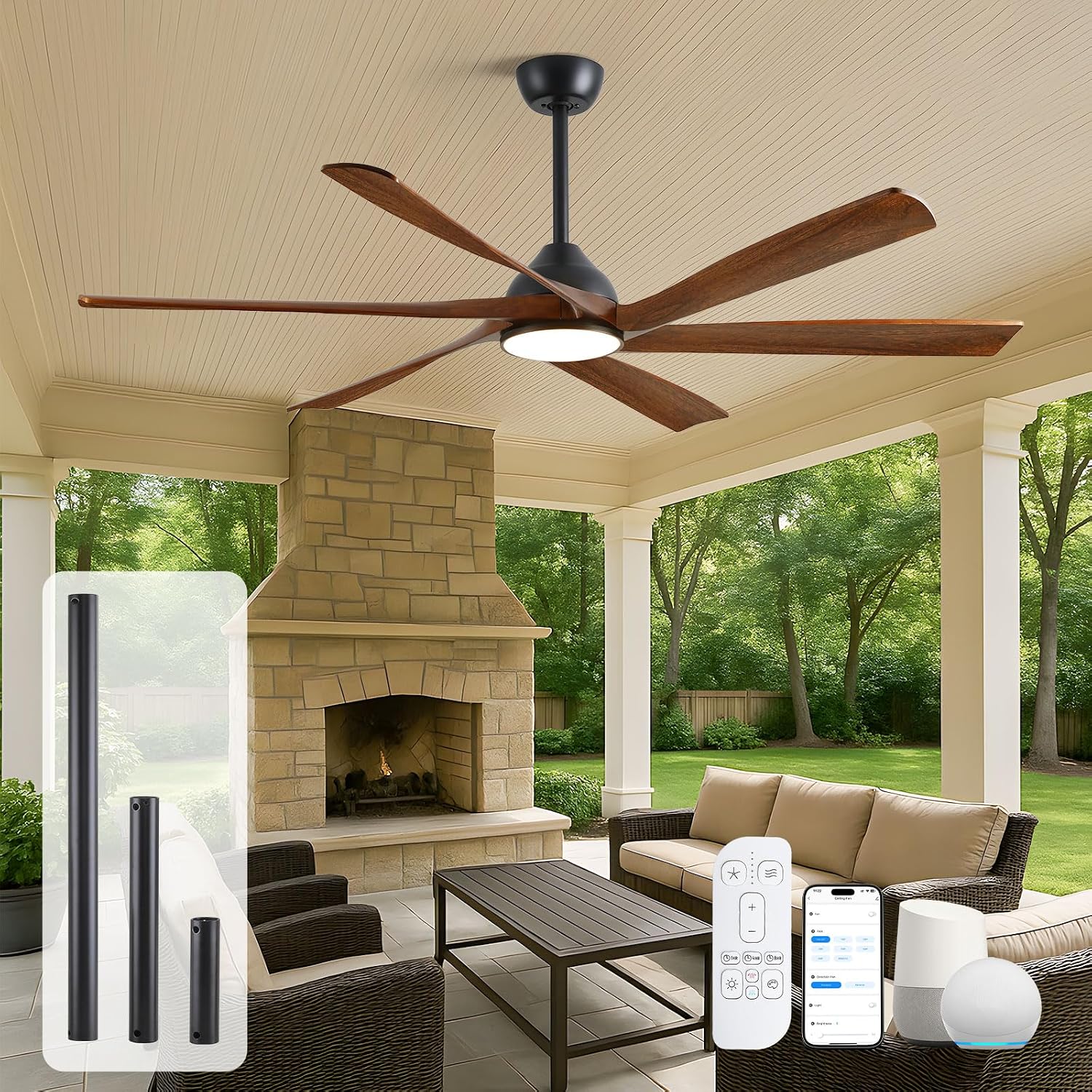 72 Inch Smart Outdoor Ceiling Fans with Lights Damp Rated, Large Wood Ceiling Fan with App/Alexa/Voice Control, Reversible DC Motor, 6 Blades-Rustic Farmhouse Ceiling Fan for Exterior Patio