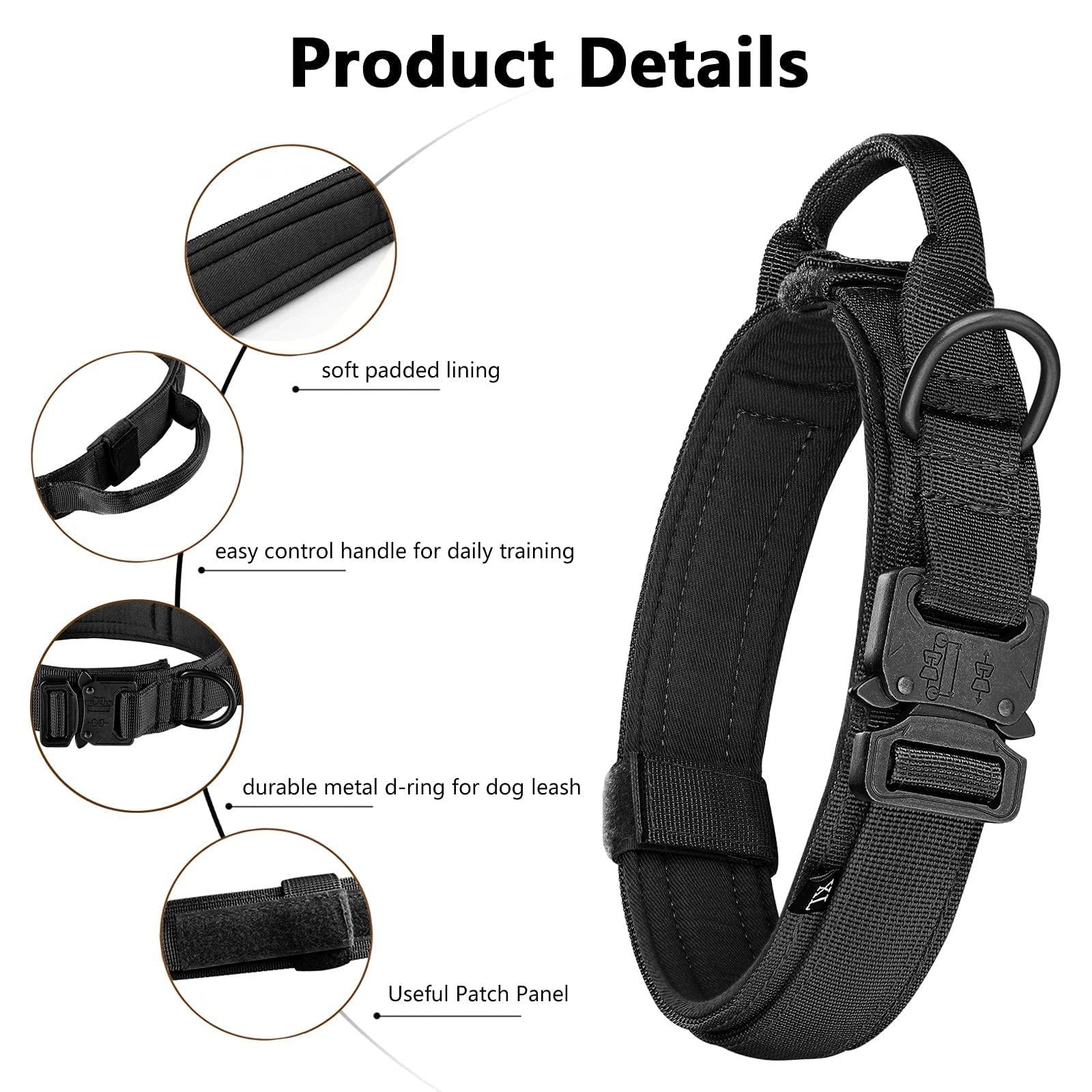 Juego de collar táctico y correa ajustable de nailon militar con mango de control, hebilla de metal resistente y correa elástica para entrenamiento de perros (XL, negro)