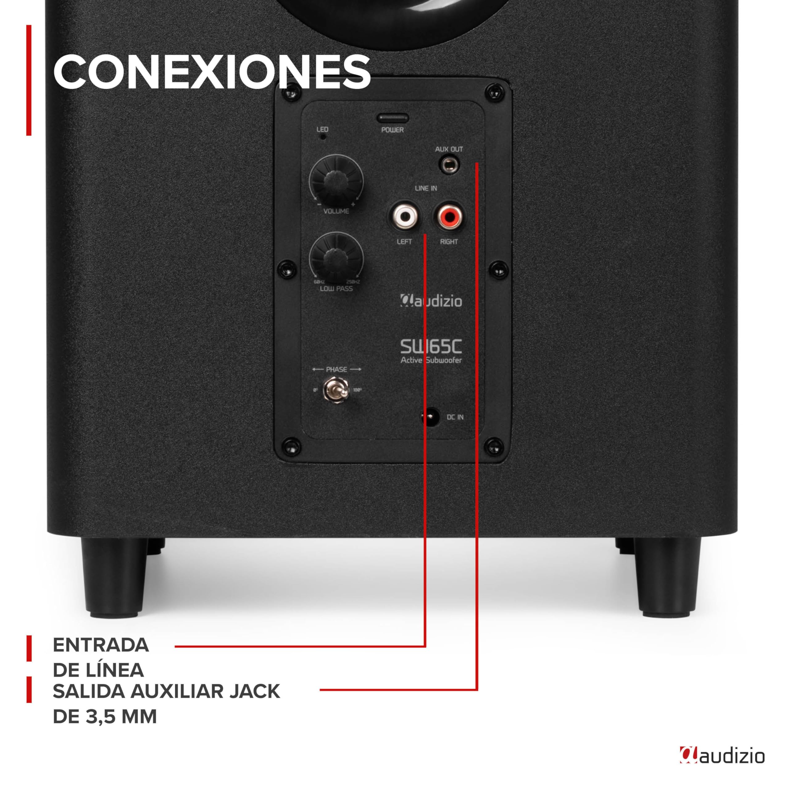Audizio SW65C – Subwoofer Activo HiFi de 130W con woofer 6,5” y Graves Profundos, Filtro Ajustable, Control de Fase, Bass Reflex, Altavoz para Home Cinema, soundbars y Equipos de música, Color Negro