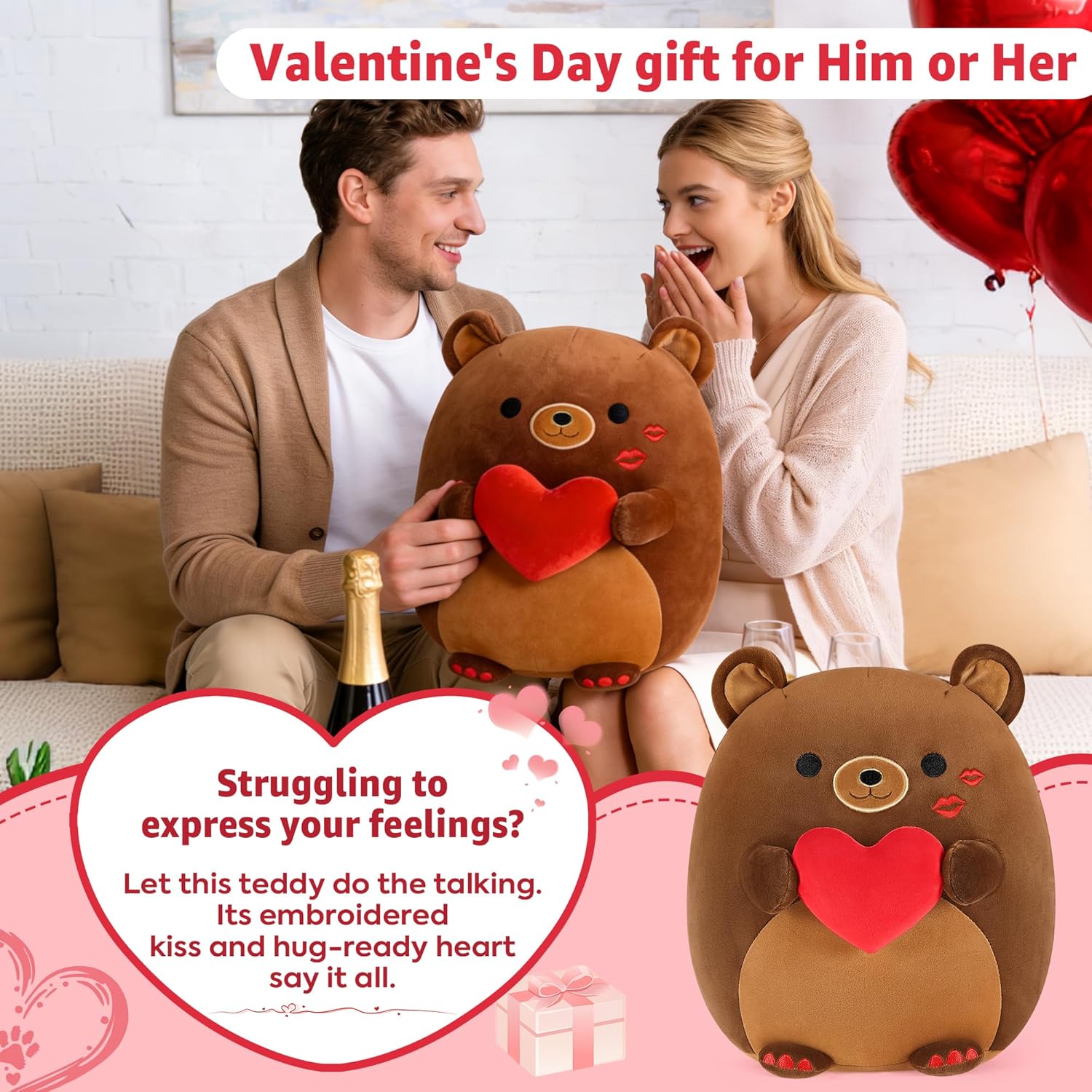 Onsoyours Original Bear Plush with Red Love, Cute 12" Hugging Bear Stuffed Animal, Ultra Soft Heart Plush Toy Valentine Day Gifts for Kids & Adults