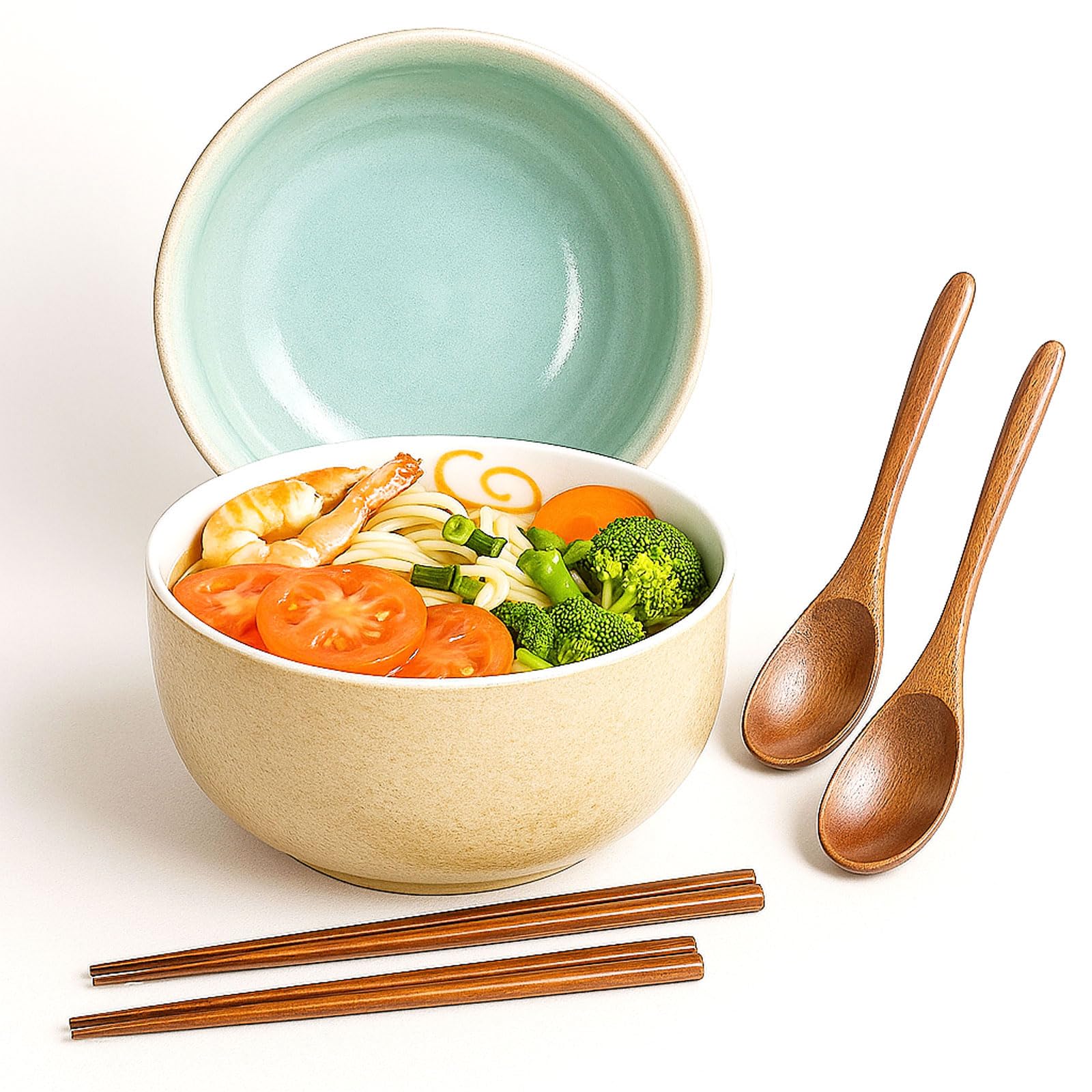 Bol à Ramen En Céramique 1200ml - Lot De 2 Avec Baguettes Et Cuillères, Style Japonais, Micro-ondable