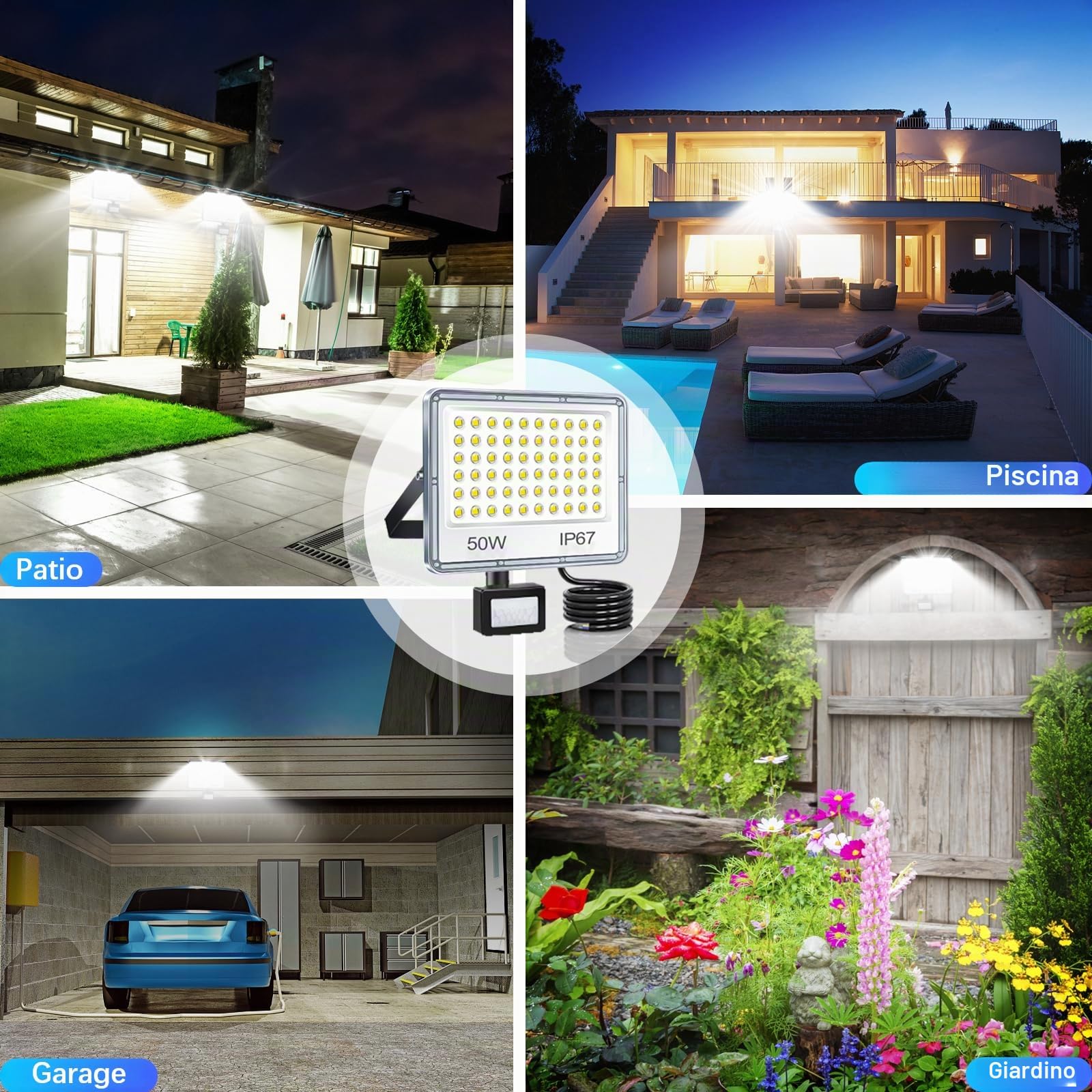 Faro LED Esterno con Sensore Movimento 50W 2 Pezzi, 5000LM Faretto con Sensore di Movimento, 7000K Faretto LED da Esterno, Impermeabile IP67 Luci per Giardino, Terrazza, Garage