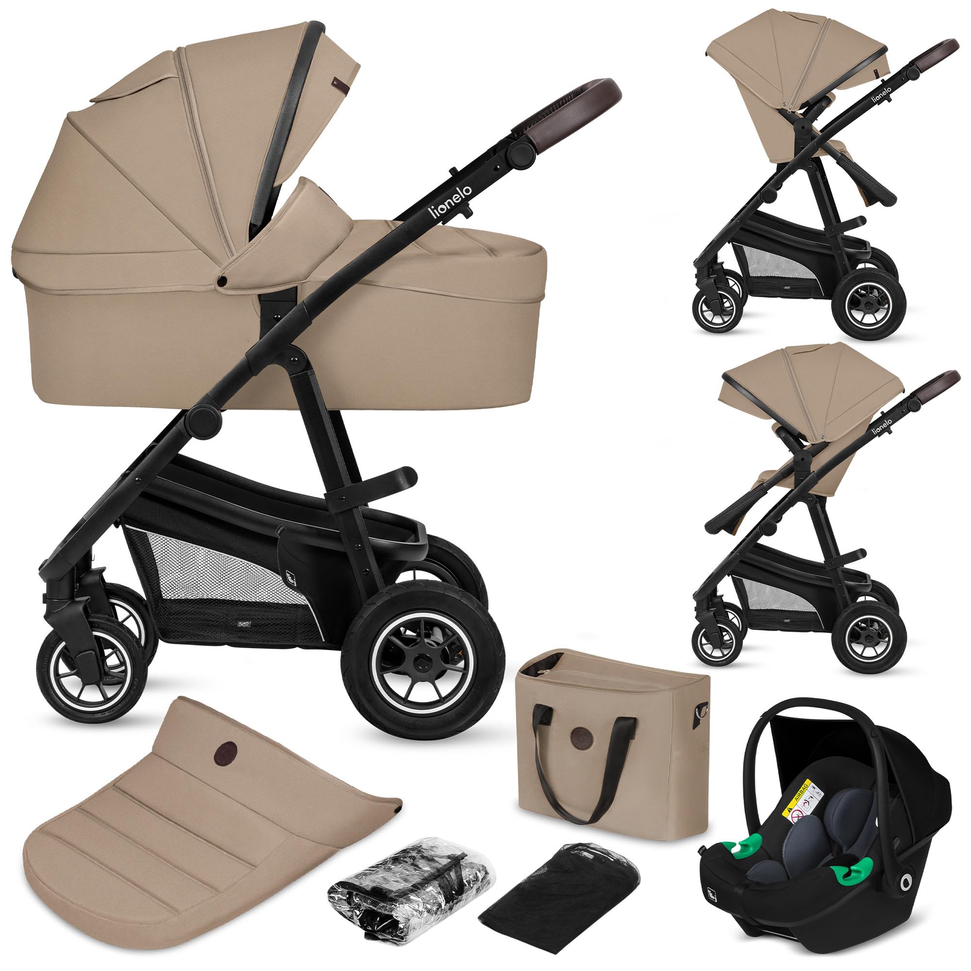 LIONELO BIANKA Poussette 3 en 1 max 22 kg Nacelle 9 kg Siège-auto 13 kg Pliable Système de Voyage Roues 360° Amorti Auvent XXL Trio