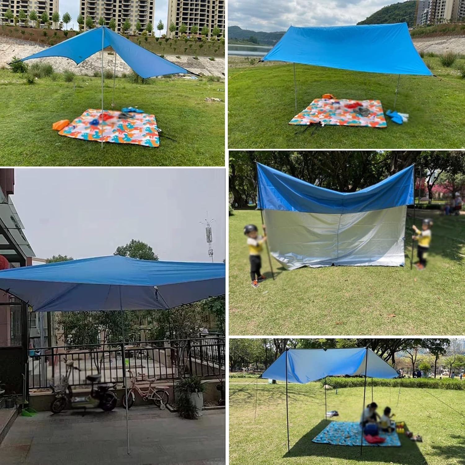 Camping Tent Tarp Shelter,Portable Rain Tent Tarp Light Ripstop Fabric,Waterproof Multifunctional Outdoor Camping Traveling Awning, PU3000mm-Anti-UV,8 Stakes+8 Guy Lines (450x450cm(14.8x14.8ft)) ()