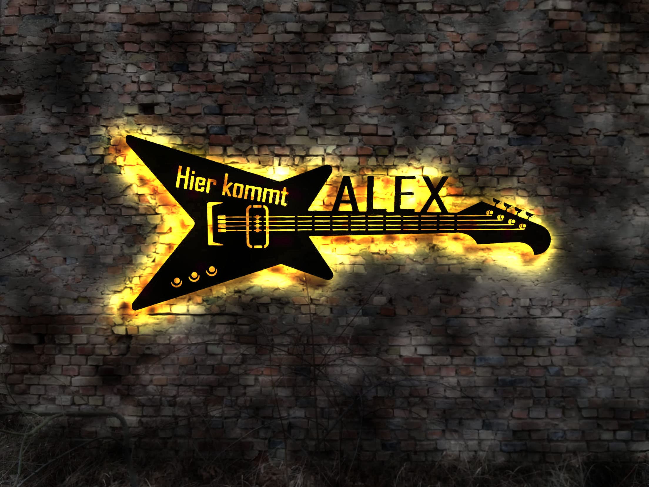 Cartel luminoso LED aquí viene Alex Guitarra Guitarra Letrero luminoso Letrero de neón, Cartel de madera activo