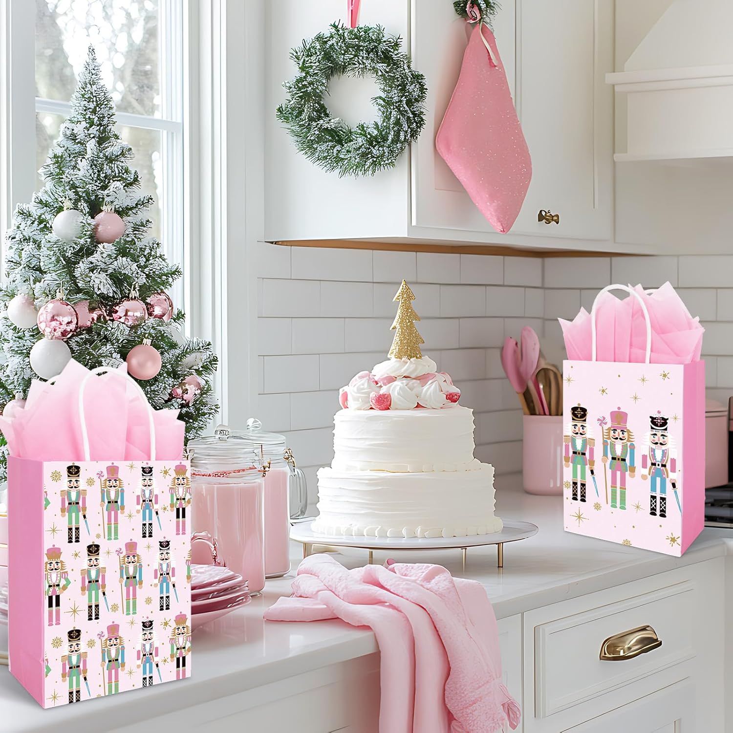 JarThenaAMCS 16 Pcs Christmas Paper Gift Bag Pink Nutcracker Treat Bags with Handles Tissue Paper Candy Goodie Bags for Xmas Winter Party Favors Supplies - Image 6