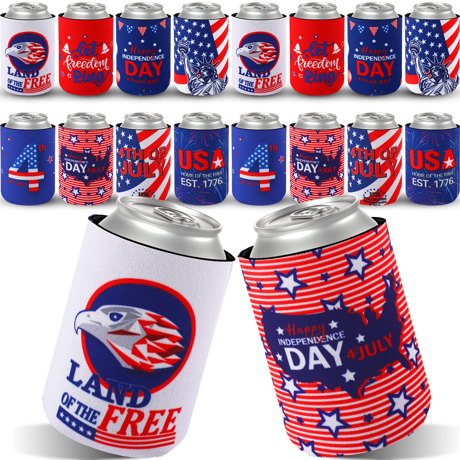 Sacubee 48 Pieces 4th of July Can Cooler Sleeve, USA Flag Can Coolers Collapsible Memorial Day Independence Day Patriotic Can Sleeve for 12 oz Can Bottles, Insulated, BBQ, 4th of July, Gifts, Events