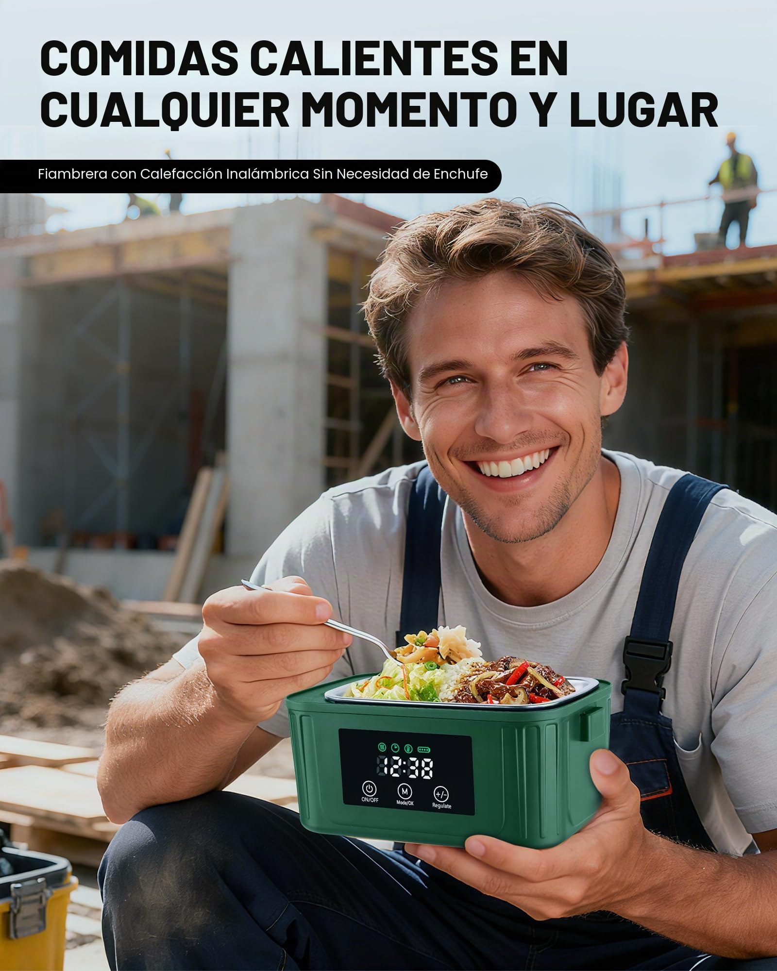 Fiambrera Eléctrica Inalámbrica 1,4L para Adultos, Lunch Box Calefactable que Prepara tu Comida a la Hora Deseada con Mantenimiento Automático, Calentador Portátil con Bolsa Isotérmica (Verde)