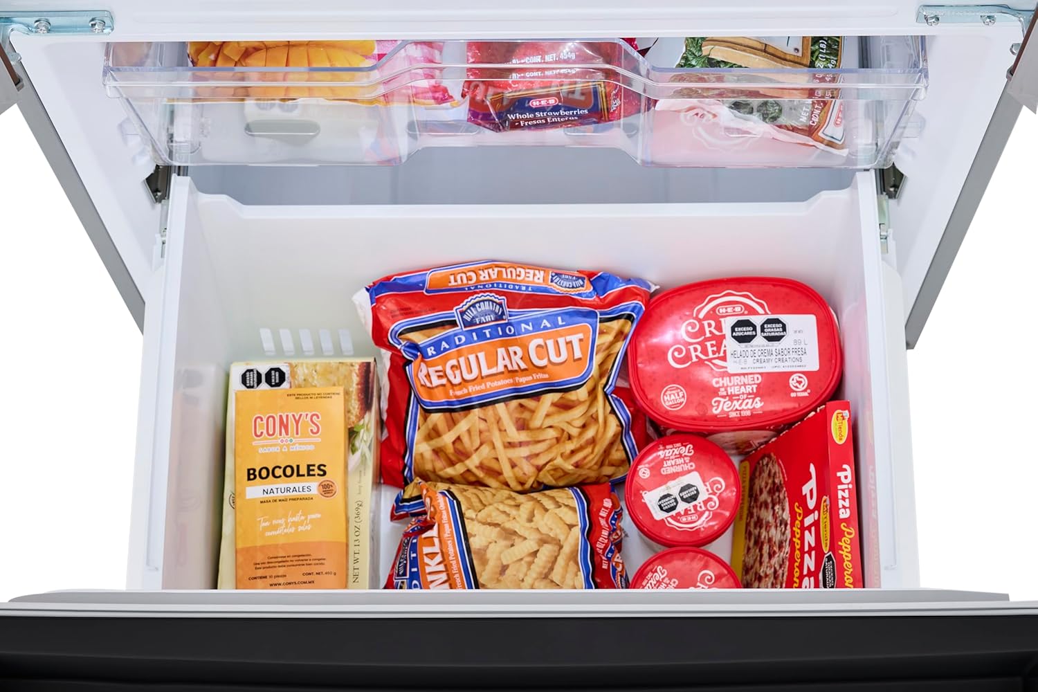 Freezer drawer filled with various frozen food packages