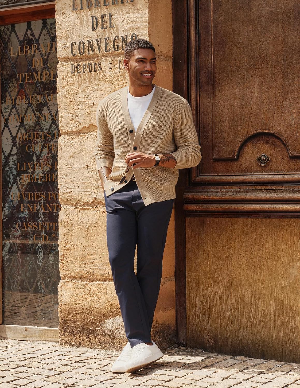 PJ PAUL JONES Mens Waffle Textured Cardigan Sweater Long Sleeve V-Neck Knitted Sweaters - Image 6